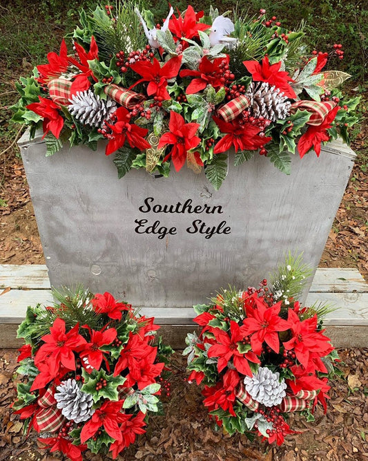 Christmas 3 Piece Set • Premium Headstone Decor Set •Large Saddle ( 36 inches long) with 2 Side Vase Arrangements • Christmas Flowers