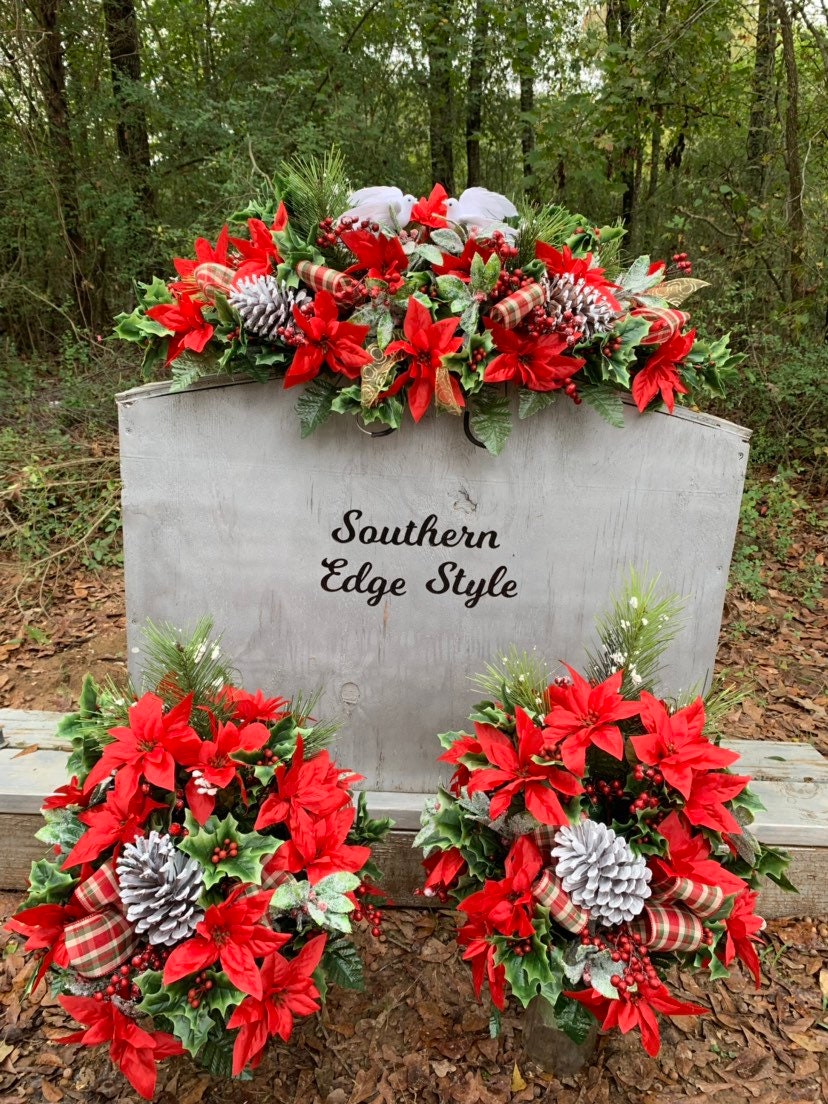 Christmas 3 Piece Set • Premium Headstone Decor Set •Large Saddle ( 36 inches long) with 2 Side Vase Arrangements • Christmas Flowers