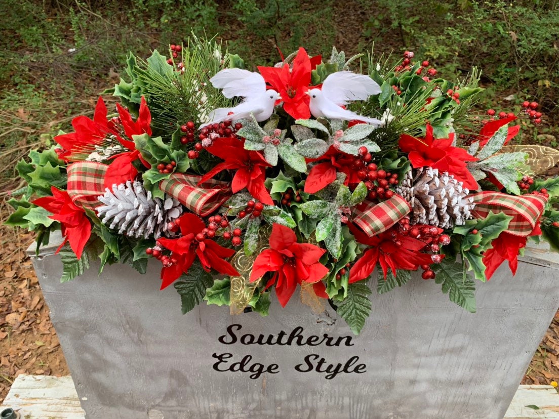 Christmas 3 Piece Set • Premium Headstone Decor Set •Large Saddle ( 36 inches long) with 2 Side Vase Arrangements • Christmas Flowers