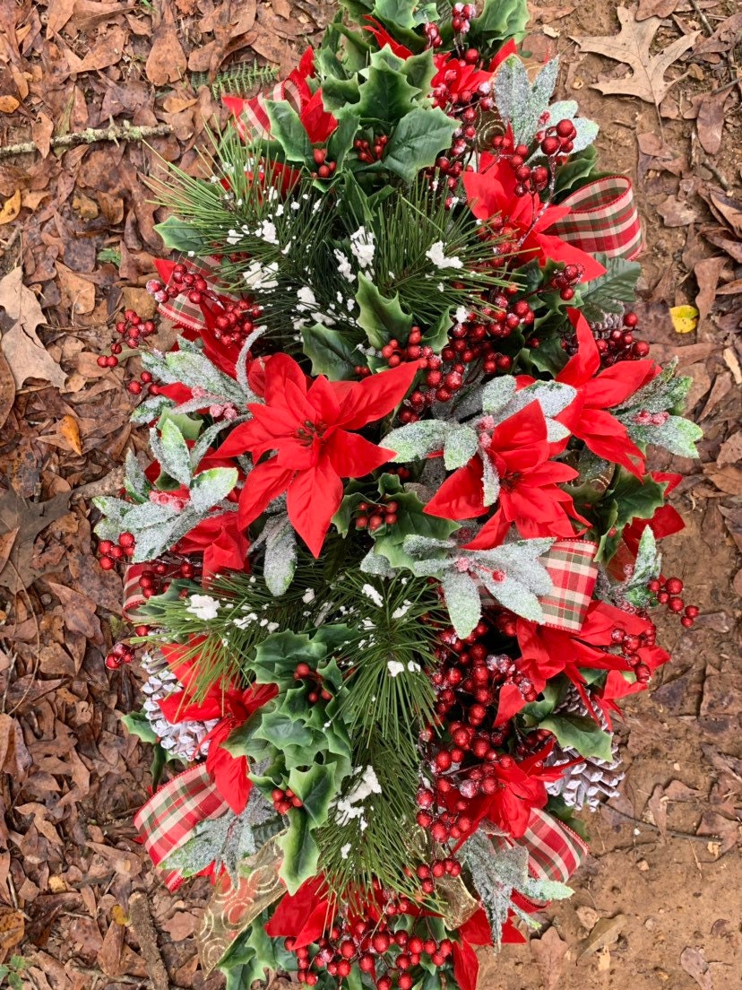 Christmas 3 Piece Set • Premium Headstone Decor Set •Large Saddle ( 36 inches long) with 2 Side Vase Arrangements • Christmas Flowers