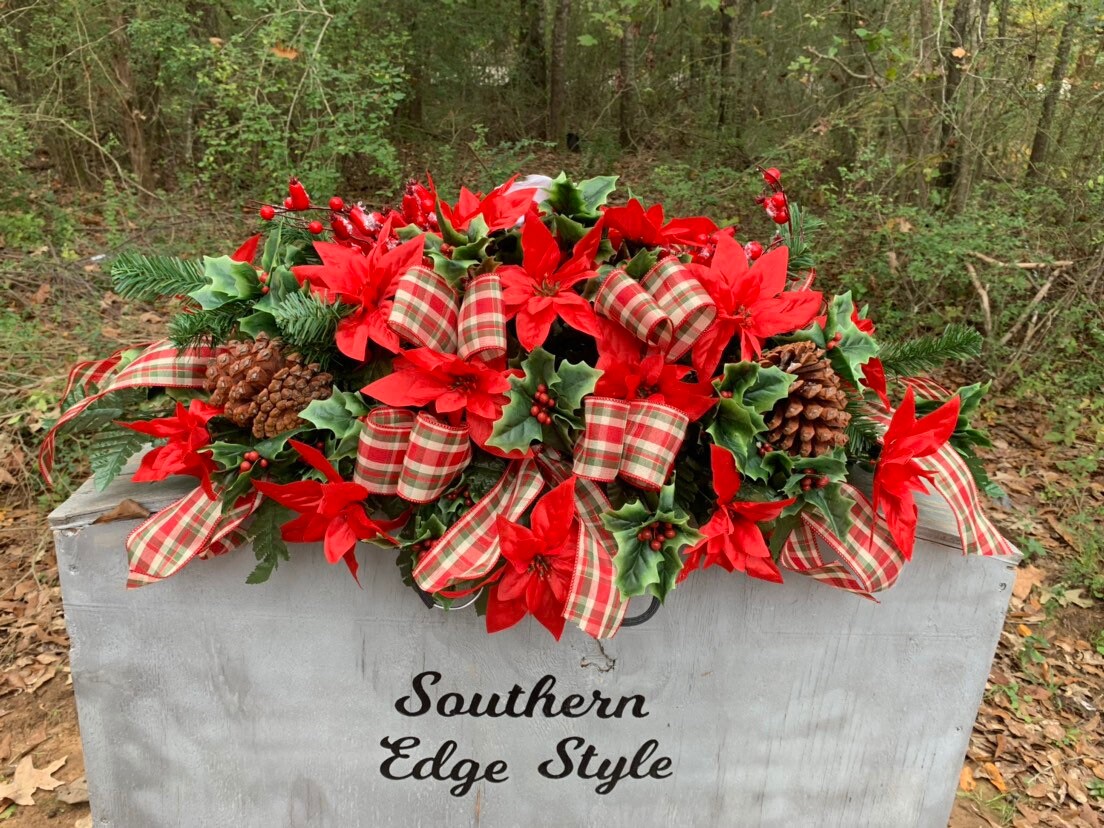 Large Christmas Saddle  (Plaid Ribbon) • Christmas Headstone Flowers •Winter Cemetery Flowers • Christmas Decoration Cemetery Poinsettia Red