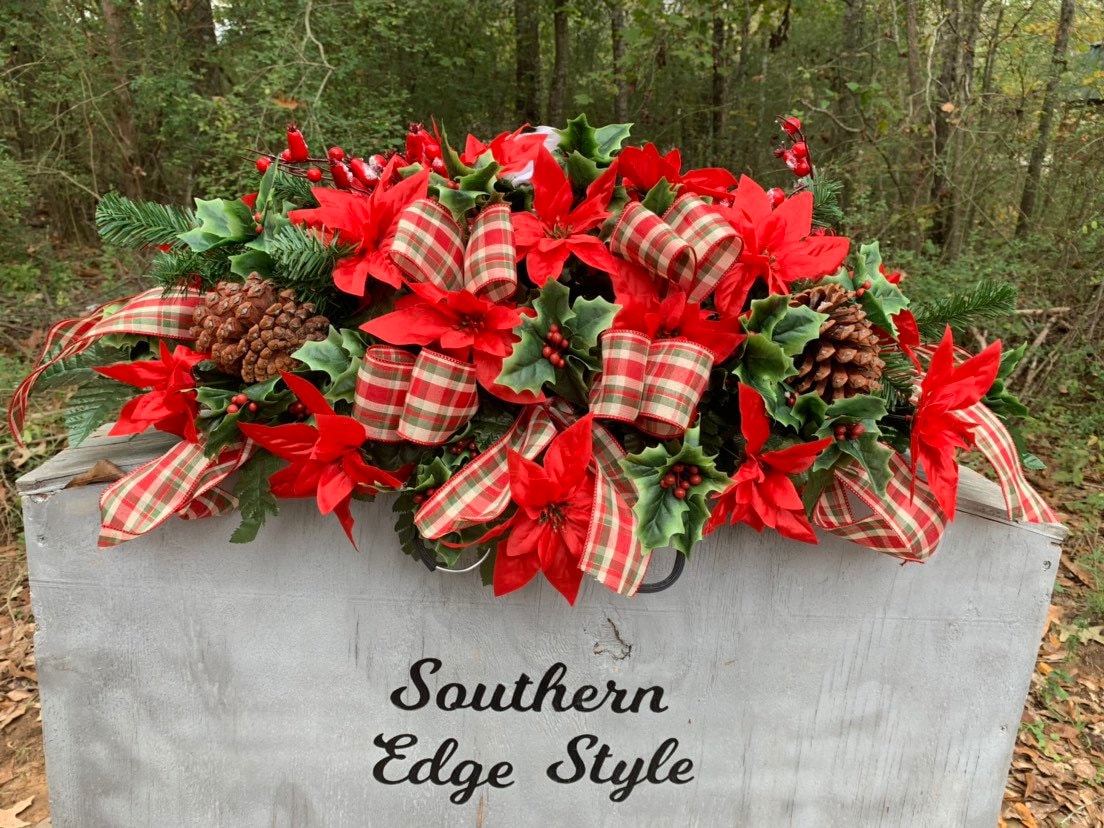 Large Christmas Saddle  (Plaid Ribbon) • Christmas Headstone Flowers •Winter Cemetery Flowers • Christmas Decoration Cemetery Poinsettia Red