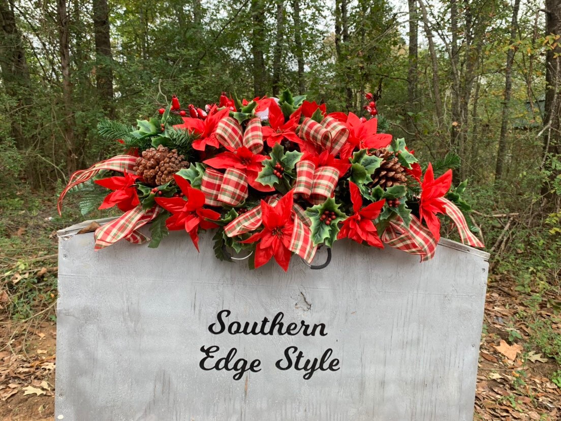 Large Christmas Saddle  (Plaid Ribbon) • Christmas Headstone Flowers •Winter Cemetery Flowers • Christmas Decoration Cemetery Poinsettia Red