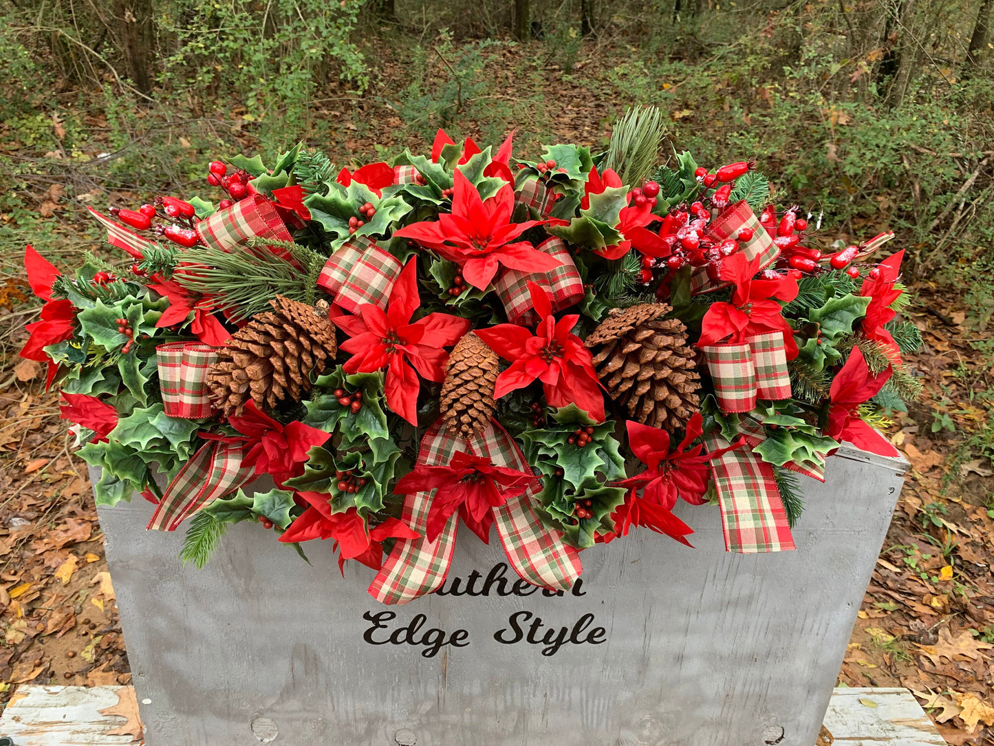 Extra Full and Extra large Christmas Saddle  • Extra Full Christmas Headstone Flowers CROSS Plaid Ribbon Poinsettia Christmas Ribbon Christ