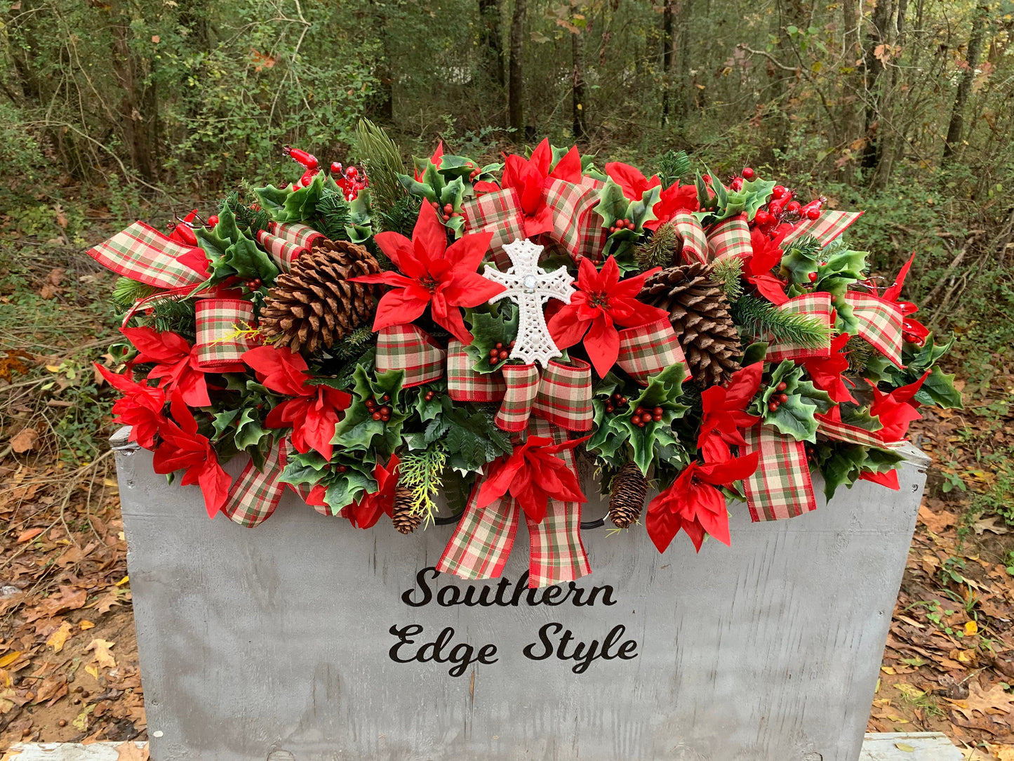 Extra Full and Extra large Christmas Saddle  • Extra Full Christmas Headstone Flowers CROSS Plaid Ribbon Poinsettia Christmas Ribbon Christ