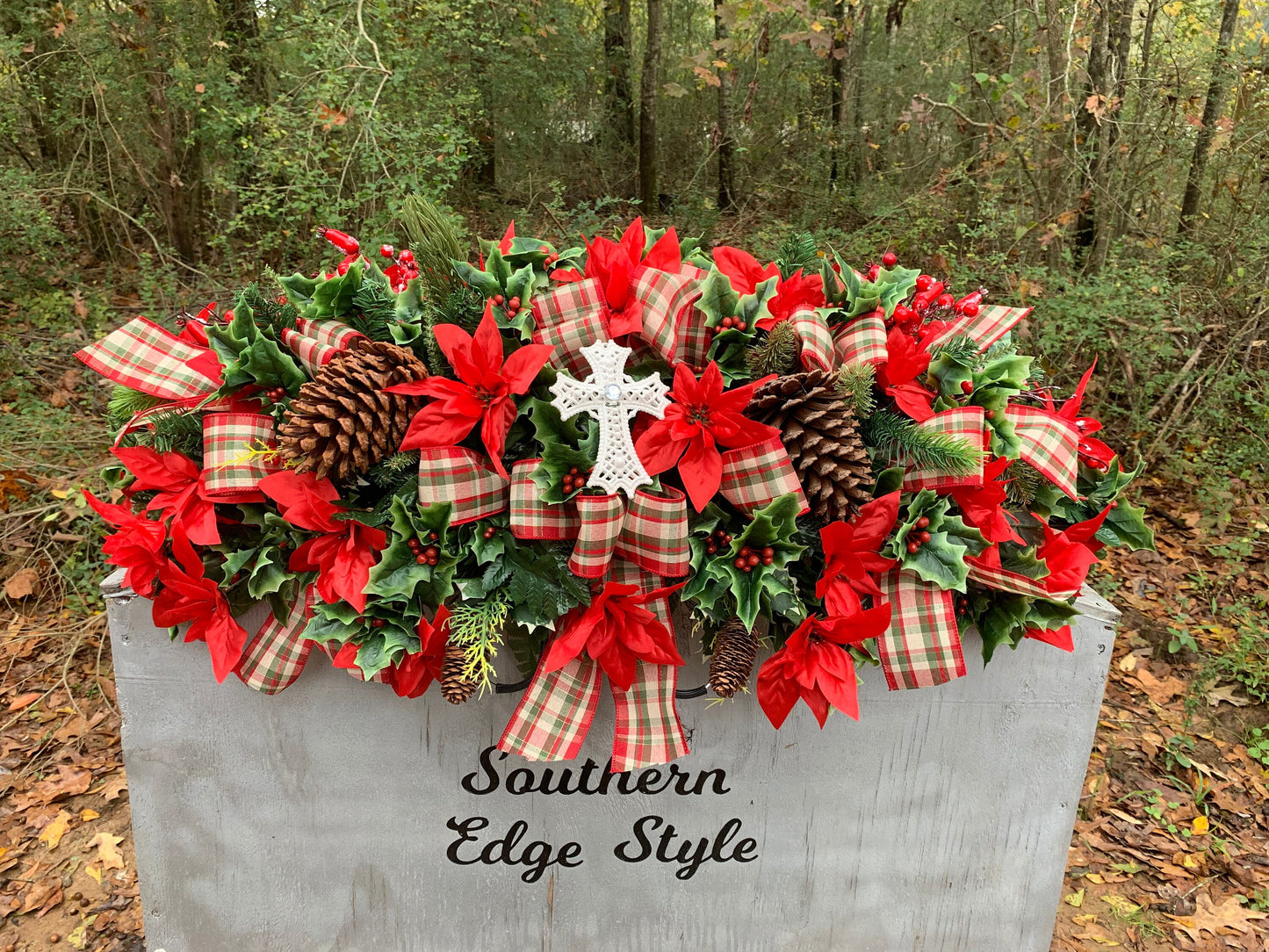 Extra Full and Extra large Christmas Saddle  • Extra Full Christmas Headstone Flowers CROSS Plaid Ribbon Poinsettia Christmas Ribbon Christ