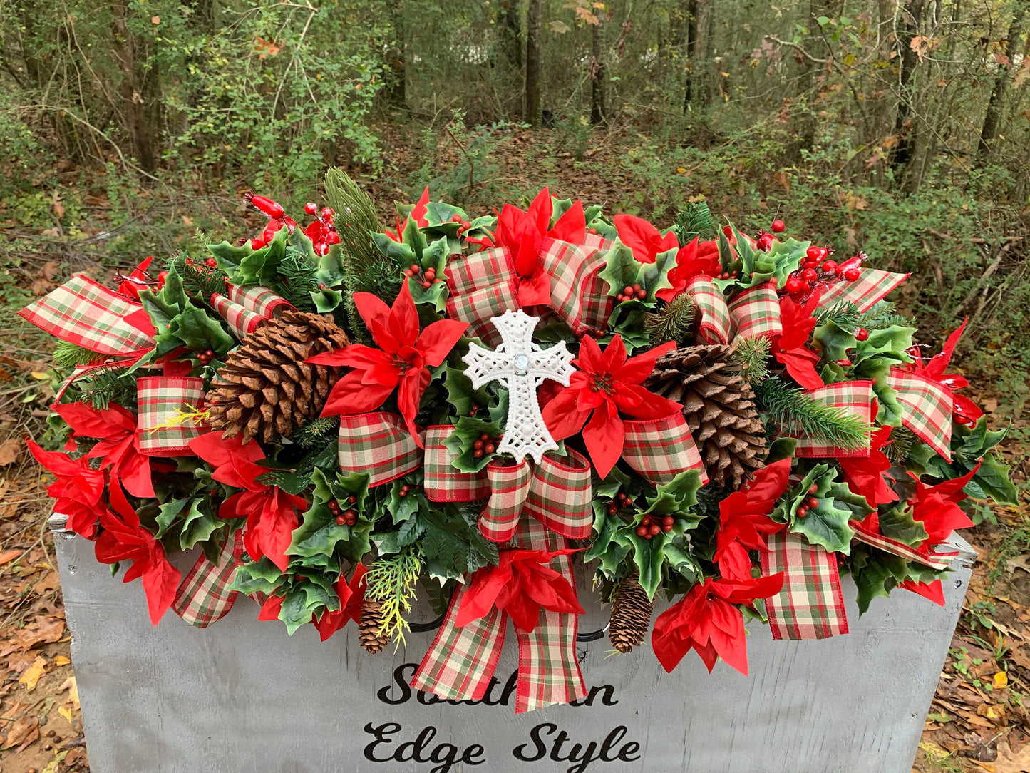 Extra Full and Extra large Christmas Saddle  • Extra Full Christmas Headstone Flowers CROSS Plaid Ribbon Poinsettia Christmas Ribbon Christ
