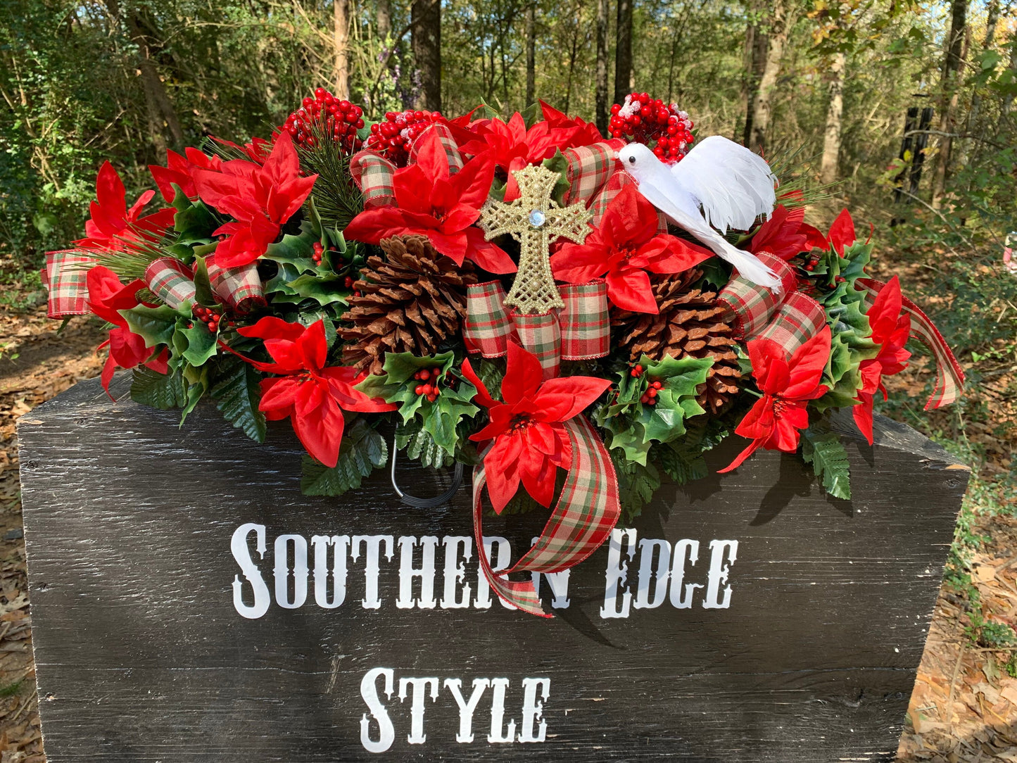 Large Christmas Saddle  • Christmas Headstone Flowers Plaid Winter Cemetery Flowers Christmas Decoration Grave saddle flowers headstone