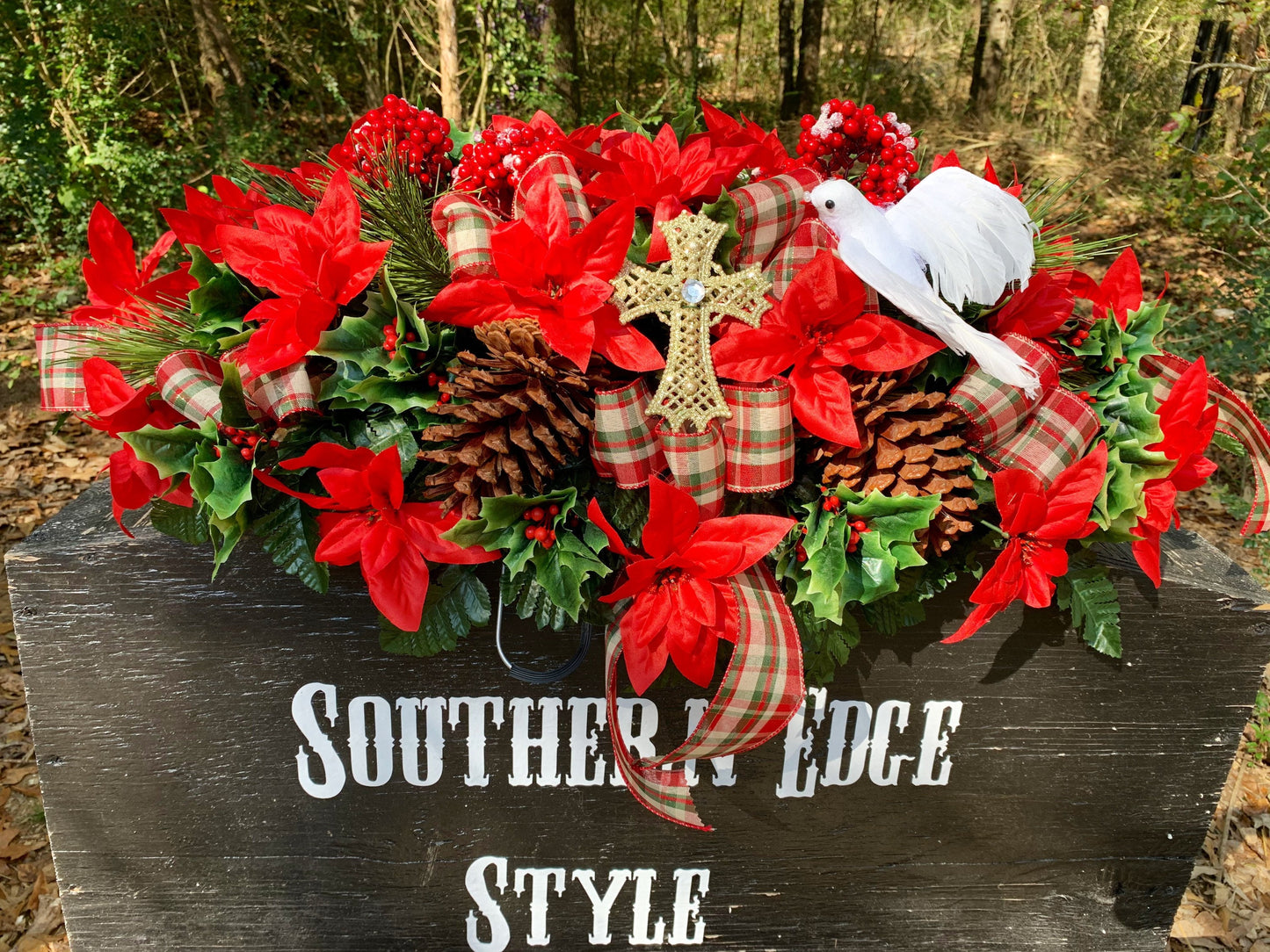 Large Christmas Saddle  • Christmas Headstone Flowers Plaid Winter Cemetery Flowers Christmas Decoration Grave saddle flowers headstone
