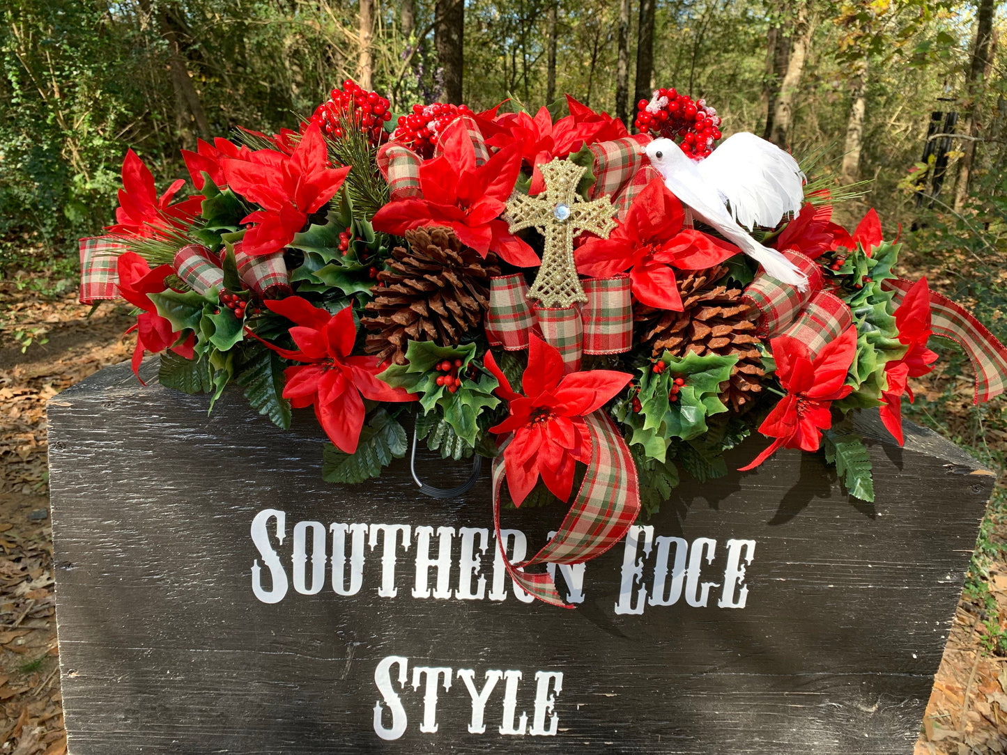 Large Christmas Saddle  • Christmas Headstone Flowers Plaid Winter Cemetery Flowers Christmas Decoration Grave saddle flowers headstone