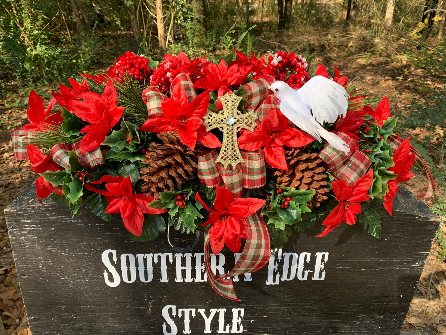 Large Christmas Saddle  • Christmas Headstone Flowers Plaid Winter Cemetery Flowers Christmas Decoration Grave saddle flowers headstone