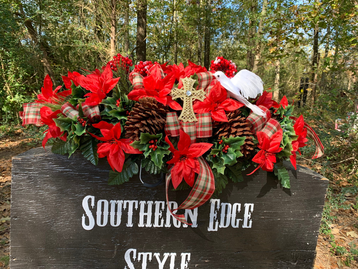Large Christmas Saddle  • Christmas Headstone Flowers Plaid Winter Cemetery Flowers Christmas Decoration Grave saddle flowers headstone