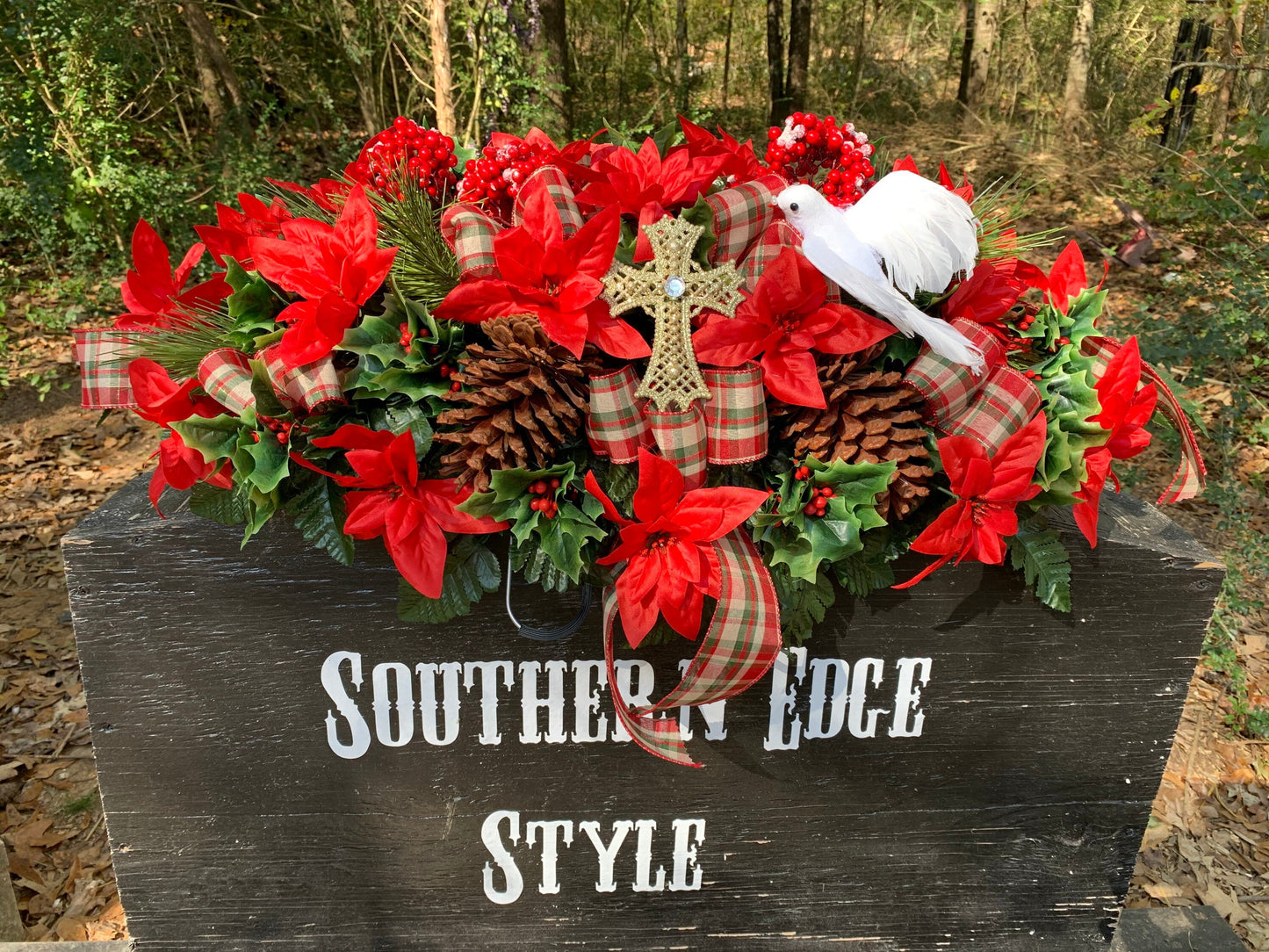 Large Christmas Saddle  • Christmas Headstone Flowers Plaid Winter Cemetery Flowers Christmas Decoration Grave saddle flowers headstone