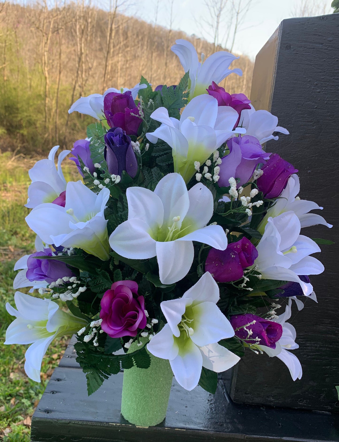 Easter Lily Cemetery Vase Flowers for 3” width Vase , Purple roses ,Easter Cemetery Flowers