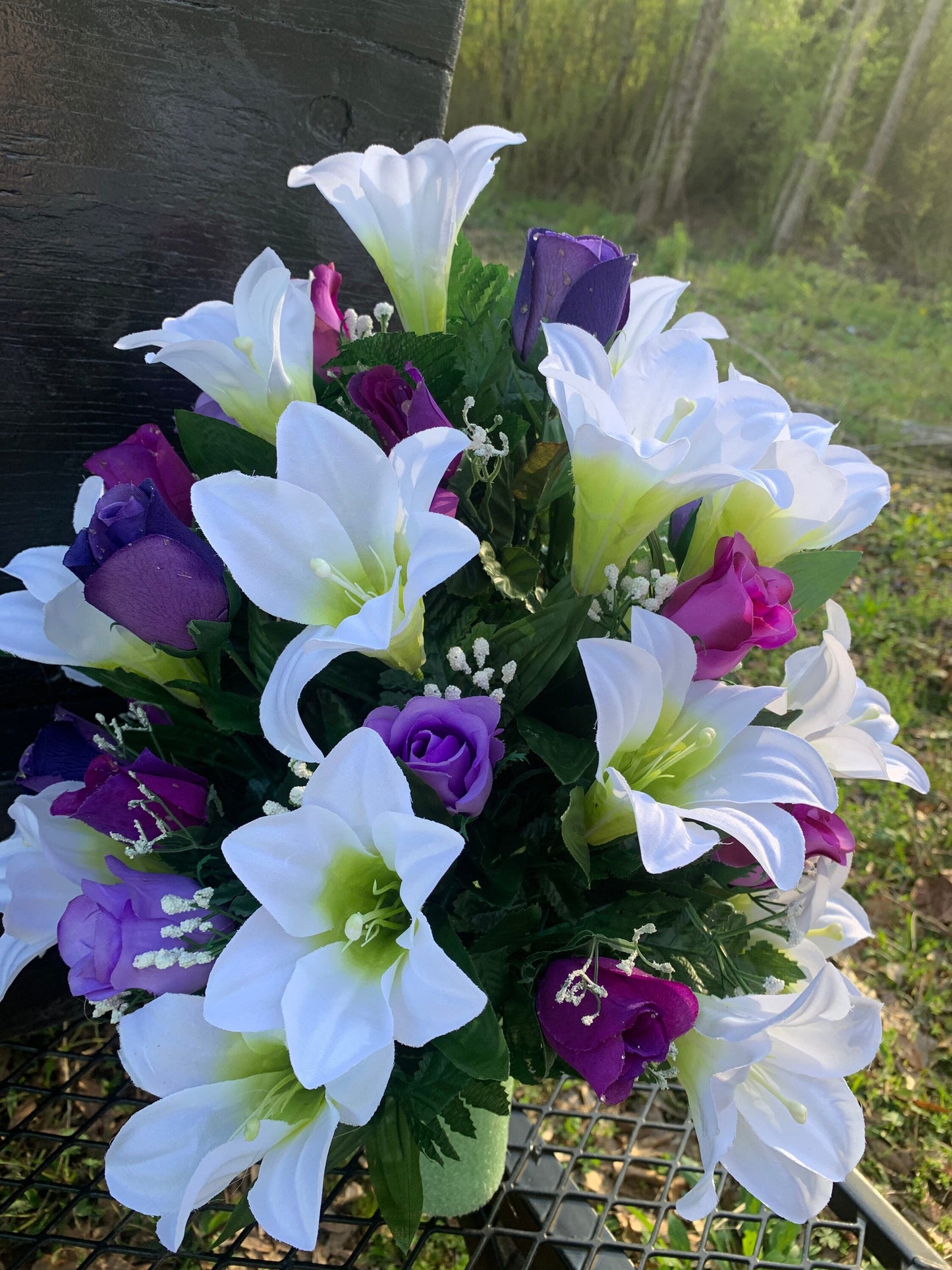 Easter Lily Cemetery Vase Flowers for 3” width Vase , Purple roses ,Easter Cemetery Flowers