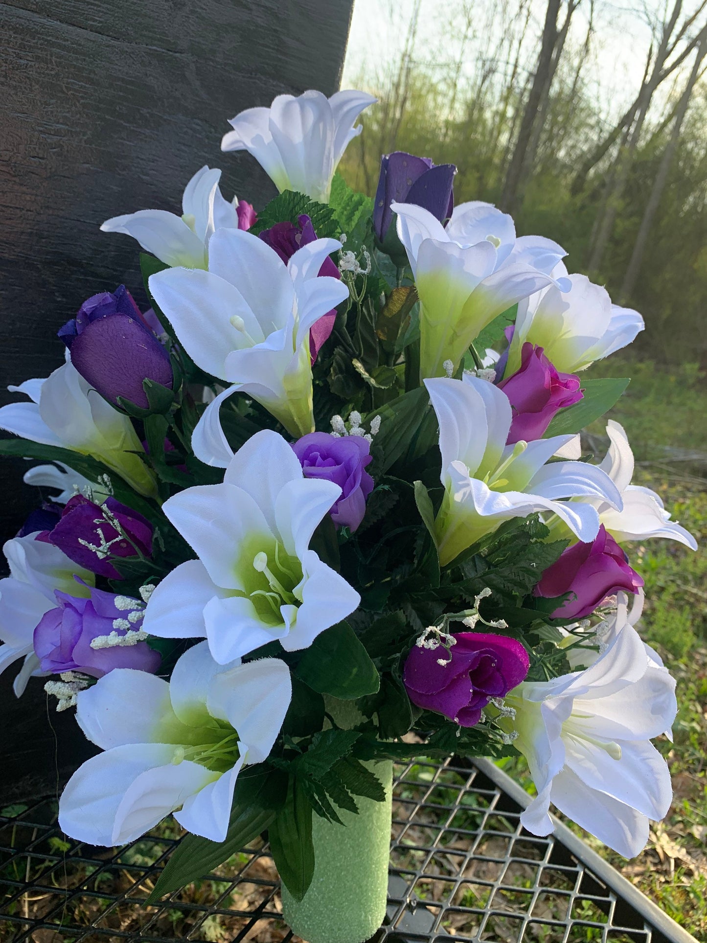 Easter Lily Cemetery Vase Flowers for 3” width Vase , Purple roses ,Easter Cemetery Flowers