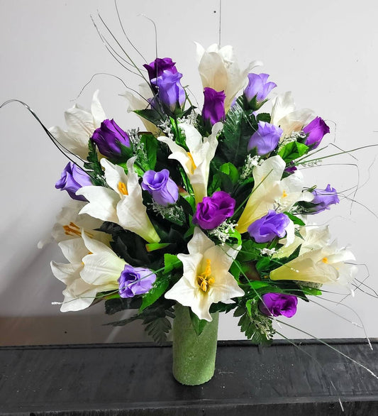 Spring  Cemetery Vase Flowers Easter Lilies with Purple Roses for 3” width Vase Cemetery Flowers