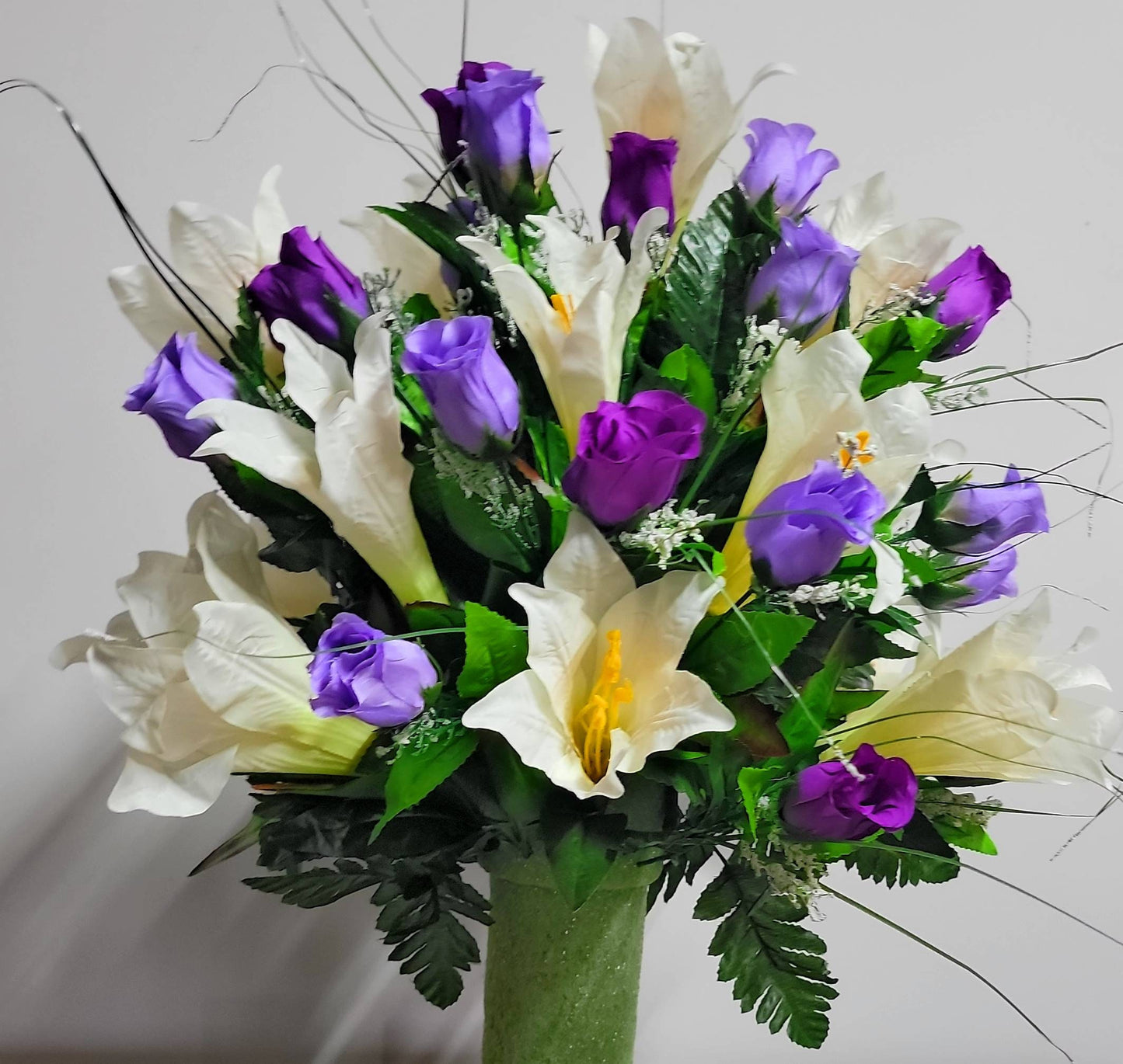 Easter Lily Cemetery Vase Flowers for 3” width Vase , Purple roses ,Easter Cemetery Flowers