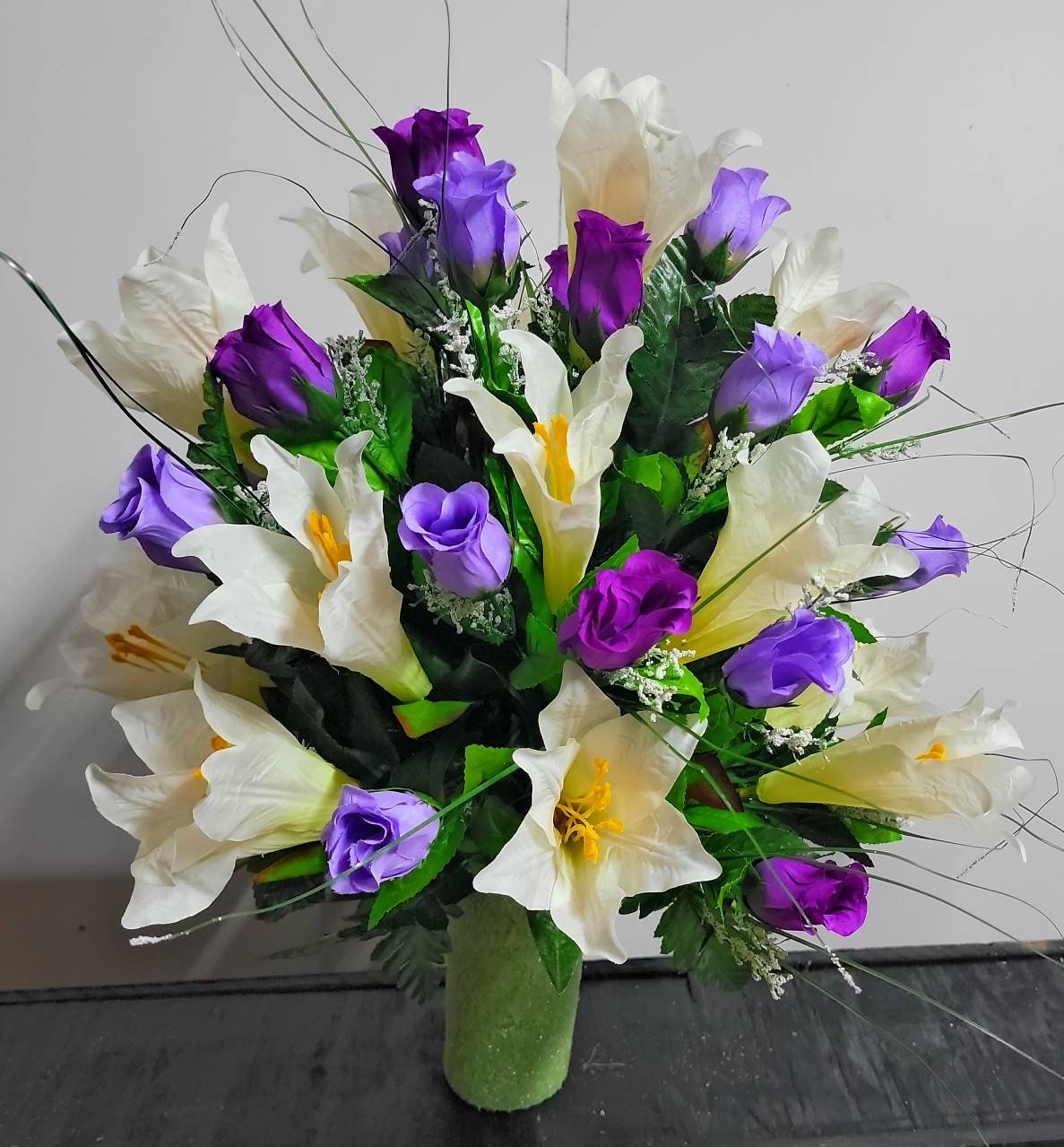 Easter Lily Cemetery Vase Flowers for 3” width Vase , Purple roses ,Easter Cemetery Flowers