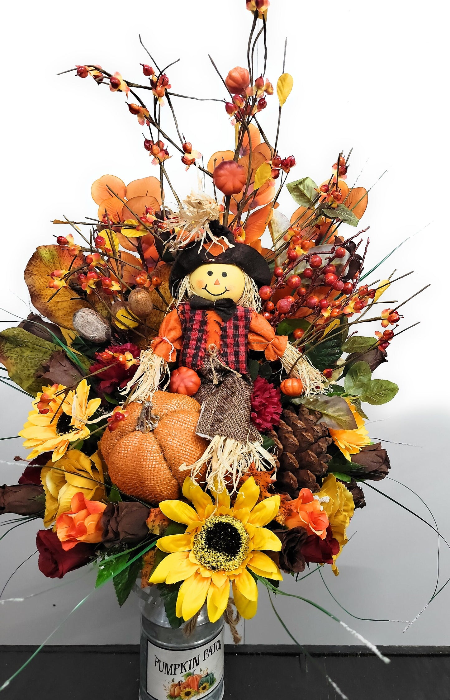 Autumn Cemetery Flowers for Vase, Boy Scarecrow , Leaves , Red and Orange Sunflowers  , Flowers for Dad or Son , Fall Flowers