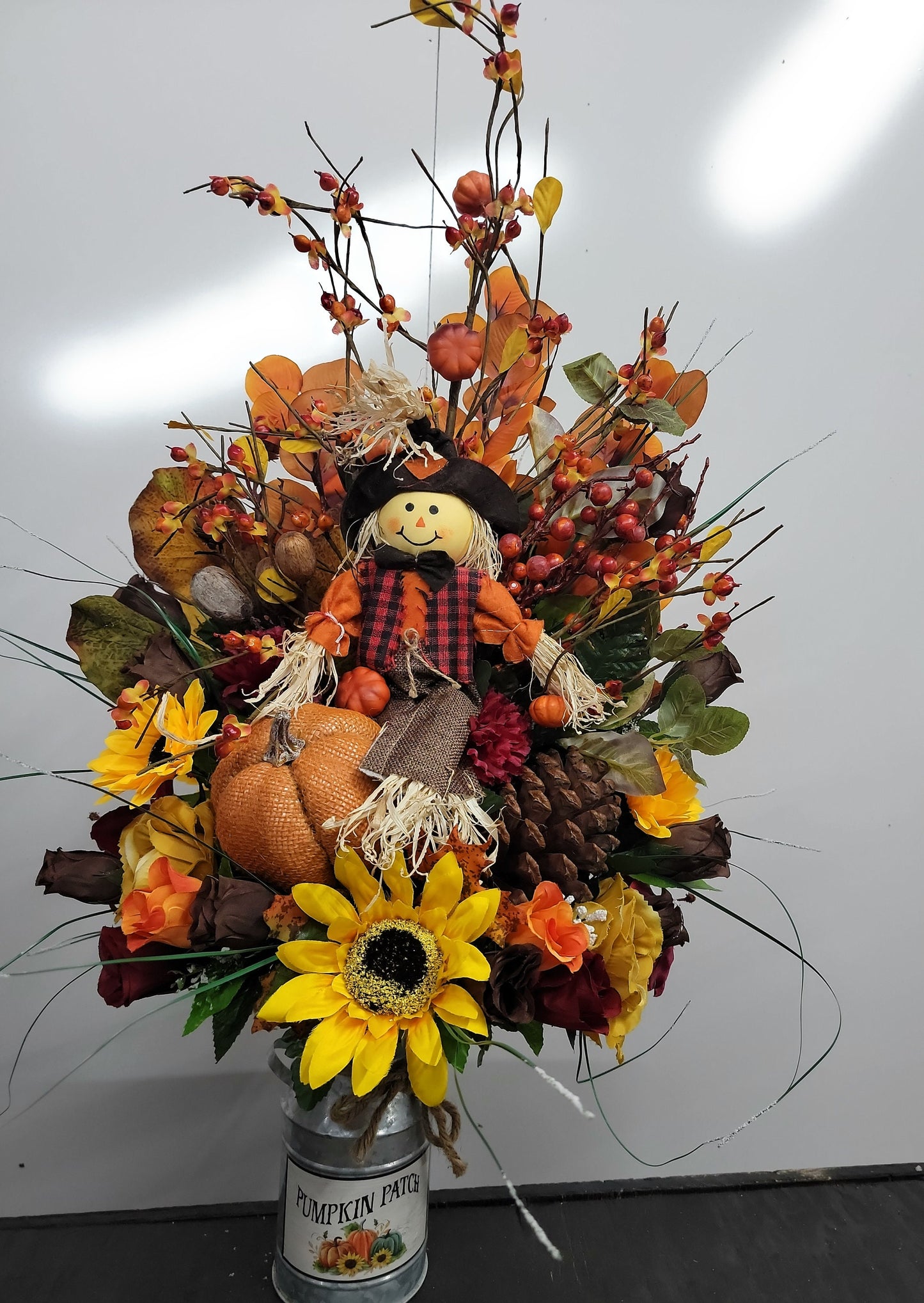 Autumn Cemetery Flowers for Vase, Boy Scarecrow , Leaves , Red and Orange Sunflowers  , Flowers for Dad or Son , Fall Flowers