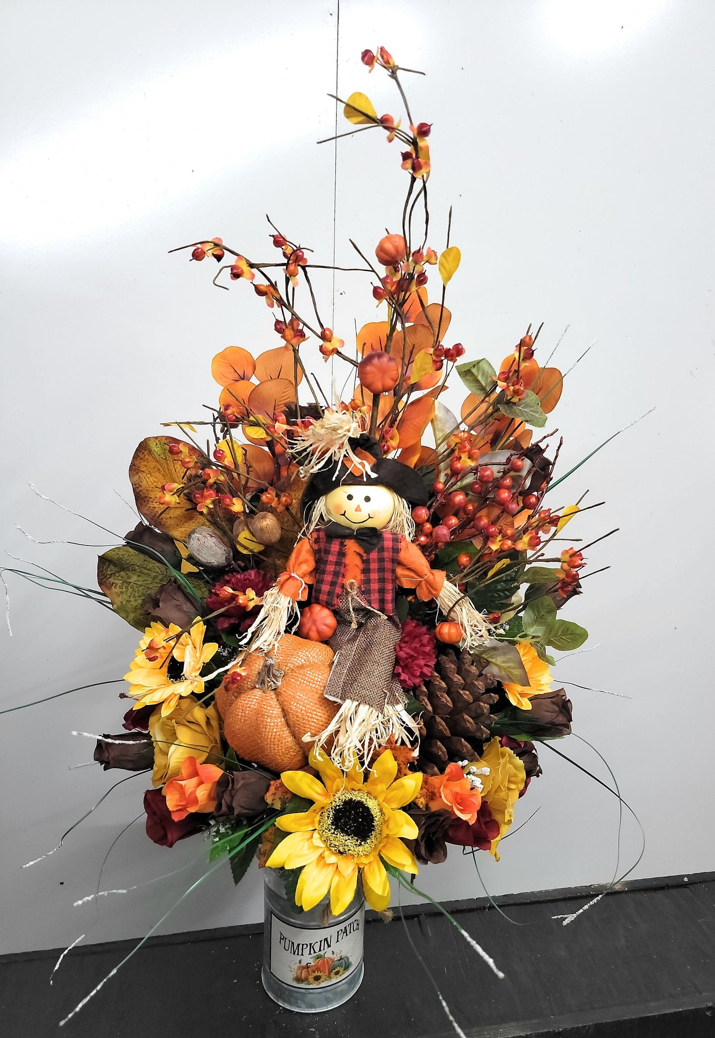 Autumn Cemetery Flowers for Vase, Boy Scarecrow , Leaves , Red and Orange Sunflowers  , Flowers for Dad or Son , Fall Flowers