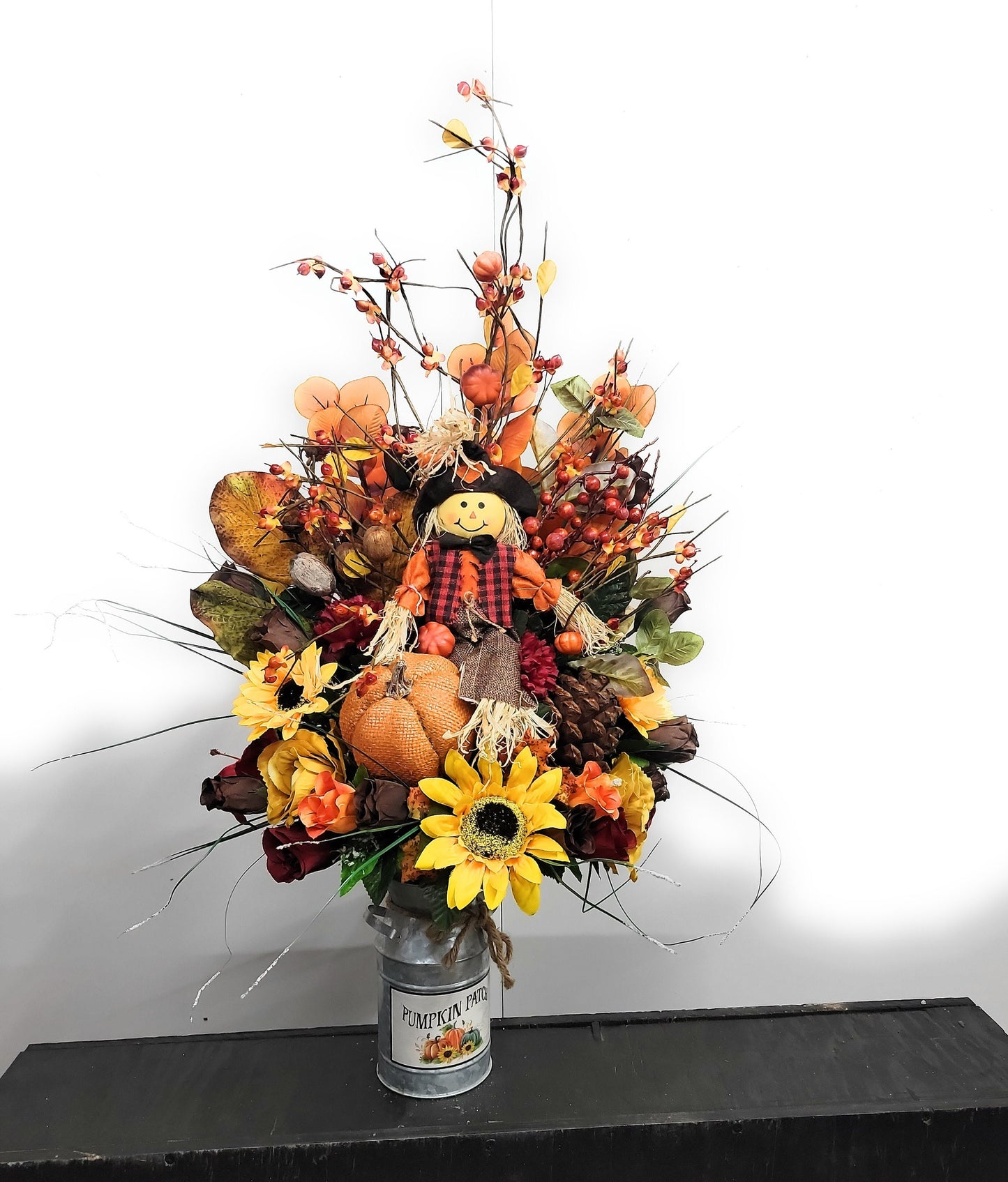 Autumn Cemetery Flowers for Vase, Boy Scarecrow , Leaves , Red and Orange Sunflowers  , Flowers for Dad or Son , Fall Flowers