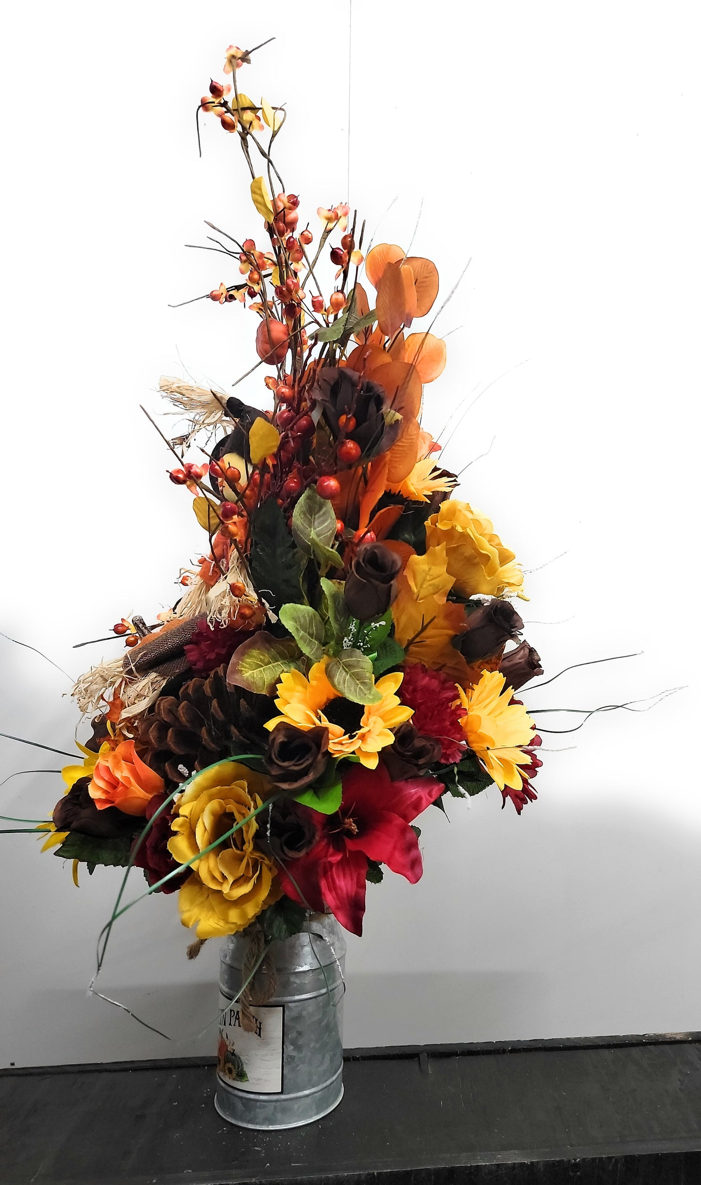 Autumn Cemetery Flowers for Vase, Boy Scarecrow , Leaves , Red and Orange Sunflowers  , Flowers for Dad or Son , Fall Flowers