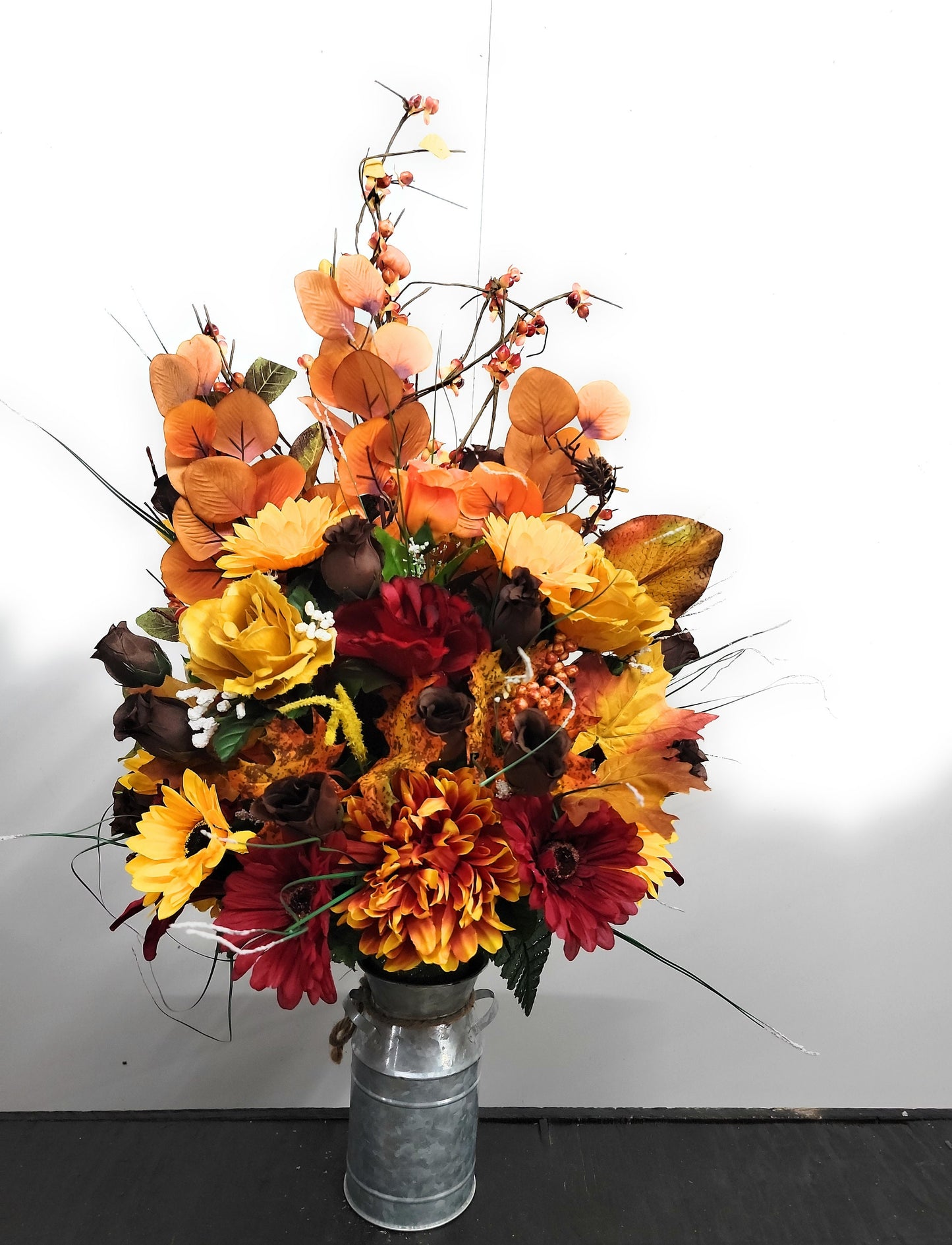 Autumn Cemetery Flowers for Vase, Boy Scarecrow , Leaves , Red and Orange Sunflowers  , Flowers for Dad or Son , Fall Flowers
