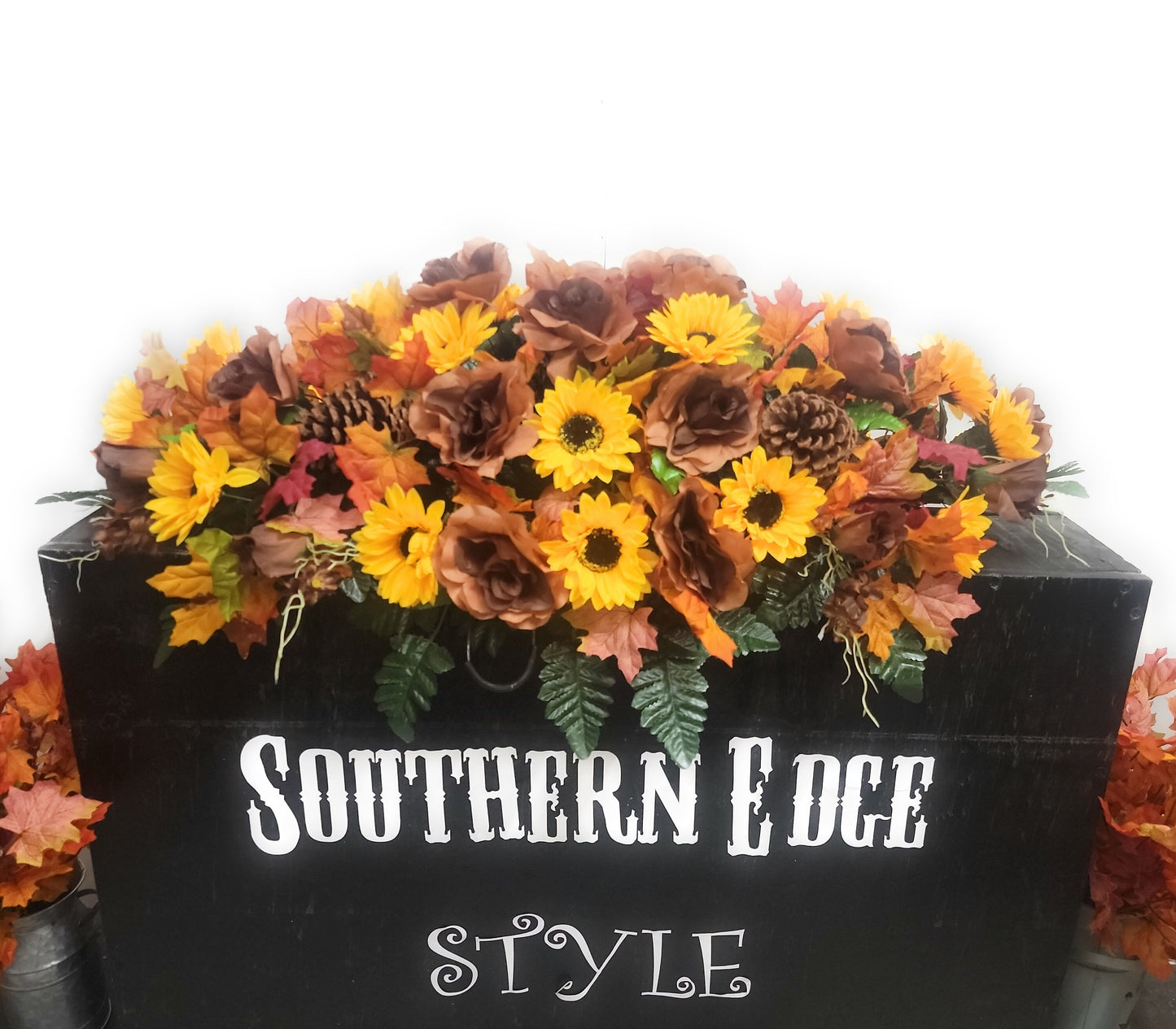 36" Fall Cemetery Flowers • Large Headstone Saddle  Fall Cemetery Saddle  Brown Roses Sunflowers Pinecones Fall Grave Blanket