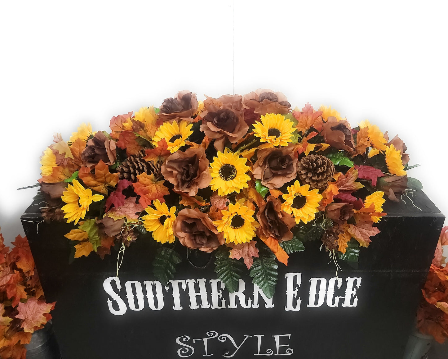 36" Fall Cemetery Flowers • Large Headstone Saddle  Fall Cemetery Saddle  Brown Roses Sunflowers Pinecones Fall Grave Blanket