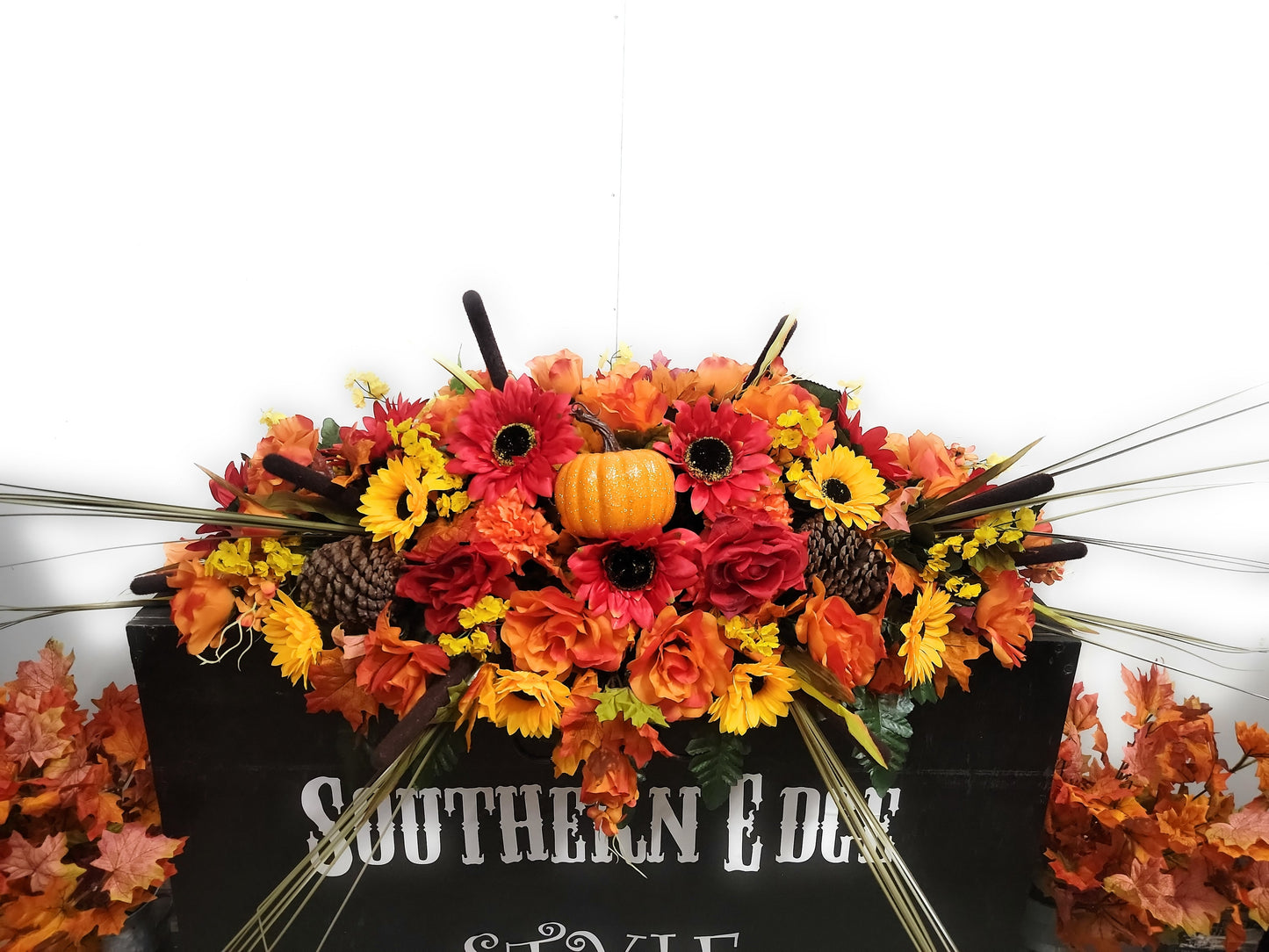 Fall Large Saddle ( 36 inches long) •pinecones , Sunflowers , roses pumpkin,