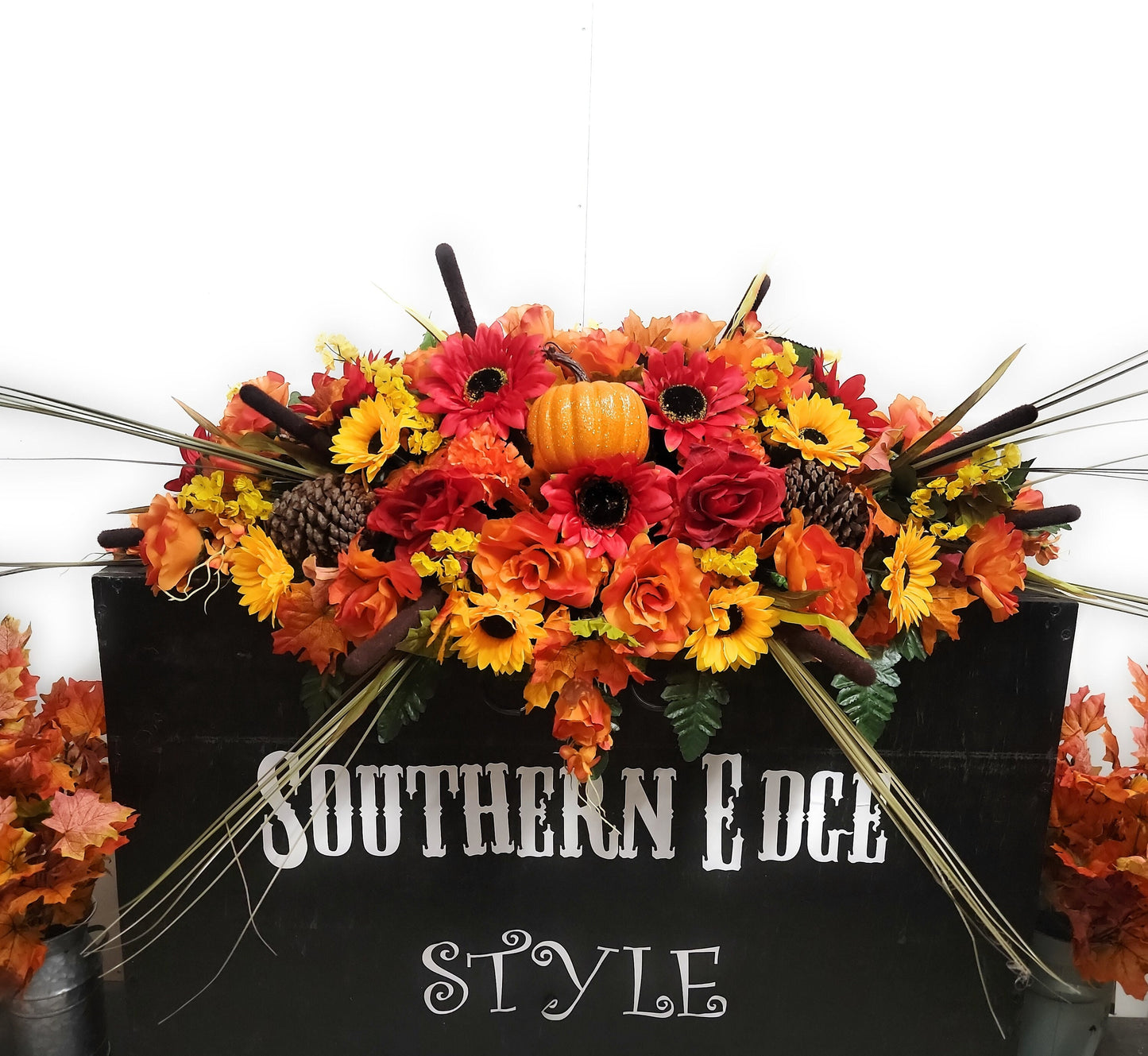 Fall Large Saddle ( 36 inches long) •pinecones , Sunflowers , roses pumpkin,