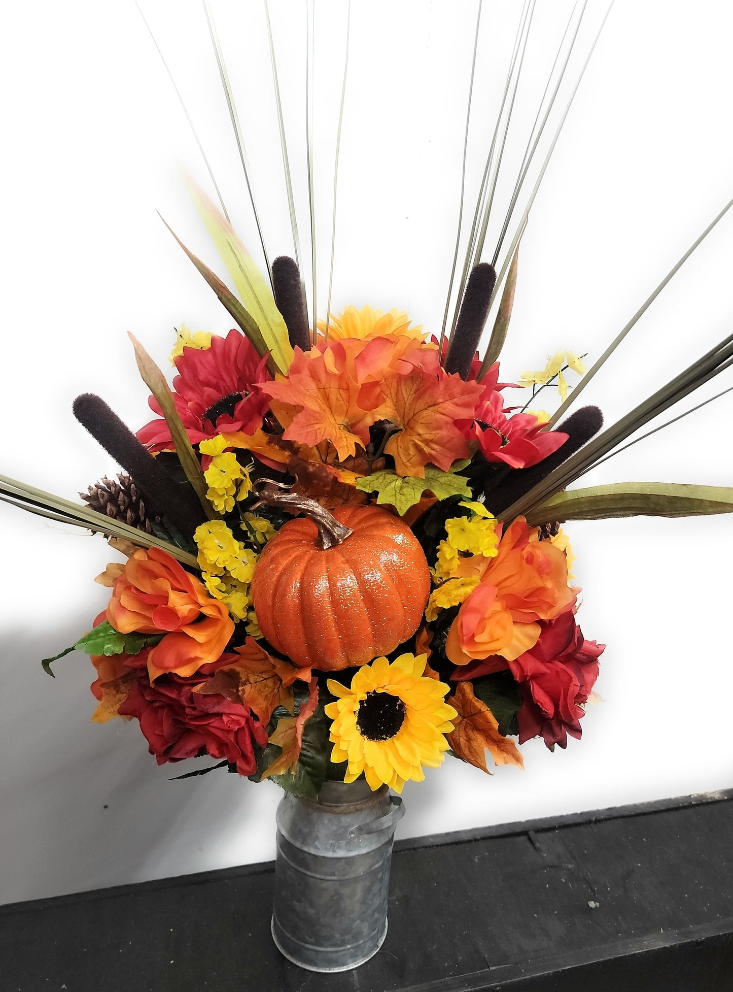 3 Piece Set • Premium Headstone Decor Set •Large Saddle ( 36 inches long) with 2 Side Vase Arrangements •pinecones , Sunflowers