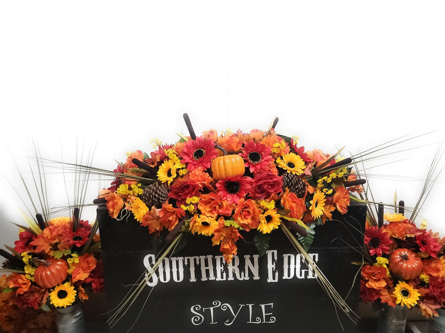 3 Piece Set • Premium Headstone Decor Set •Large Saddle ( 36 inches long) with 2 Side Vase Arrangements •pinecones , Sunflowers
