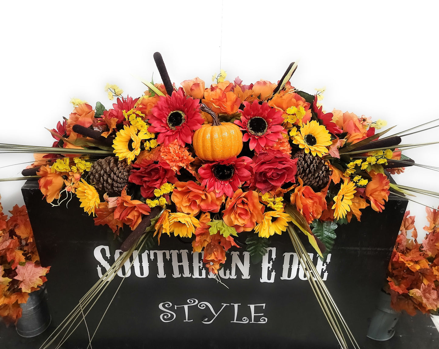 3 Piece Set • Premium Headstone Decor Set •Large Saddle ( 36 inches long) with 2 Side Vase Arrangements •pinecones , Sunflowers