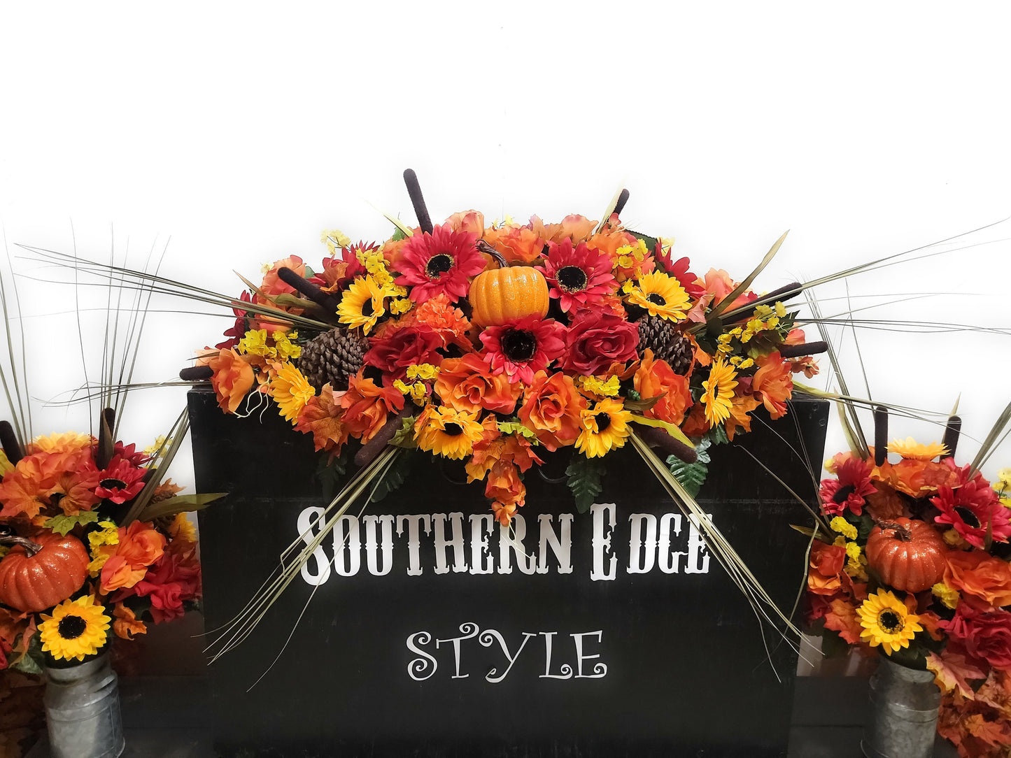 3 Piece Set • Premium Headstone Decor Set •Large Saddle ( 36 inches long) with 2 Side Vase Arrangements •pinecones , Sunflowers