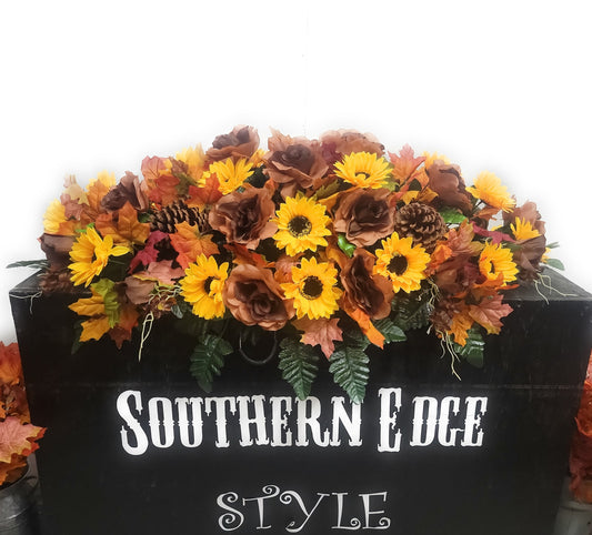 36&quot; Fall Cemetery Flowers • Large Headstone Saddle  Fall Cemetery Saddle  Brown Roses Sunflowers Pinecones Fall Grave Blanket