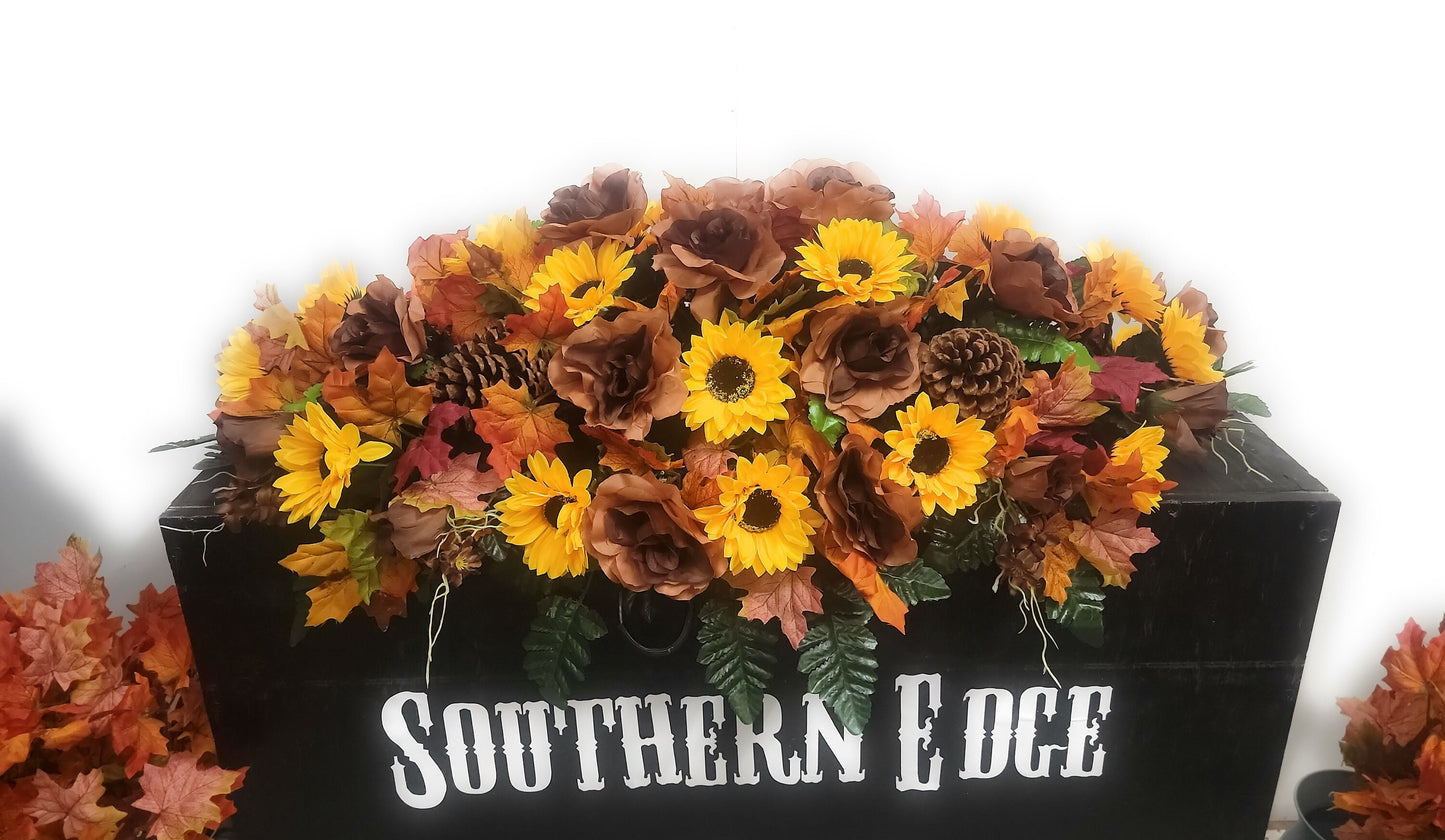 36" Fall Cemetery Flowers • Large Headstone Saddle  Fall Cemetery Saddle  Brown Roses Sunflowers Pinecones Fall Grave Blanket