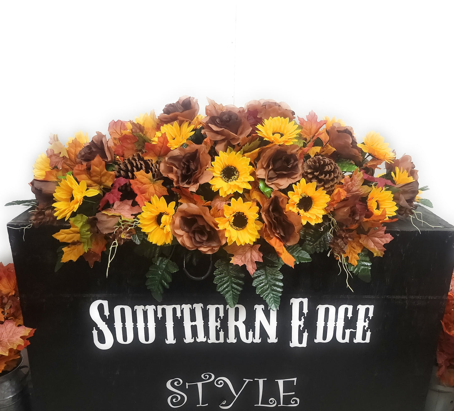 36" Fall Cemetery Flowers • Large Headstone Saddle  Fall Cemetery Saddle  Brown Roses Sunflowers Pinecones Fall Grave Blanket