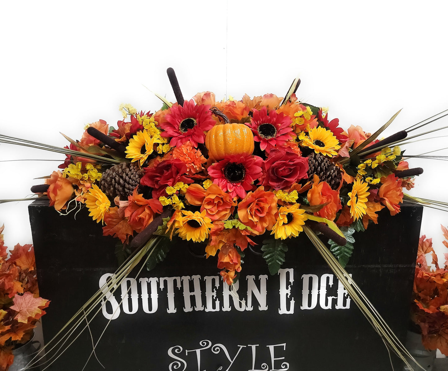 Fall Large Saddle ( 36 inches long) •pinecones , Sunflowers , roses pumpkin,