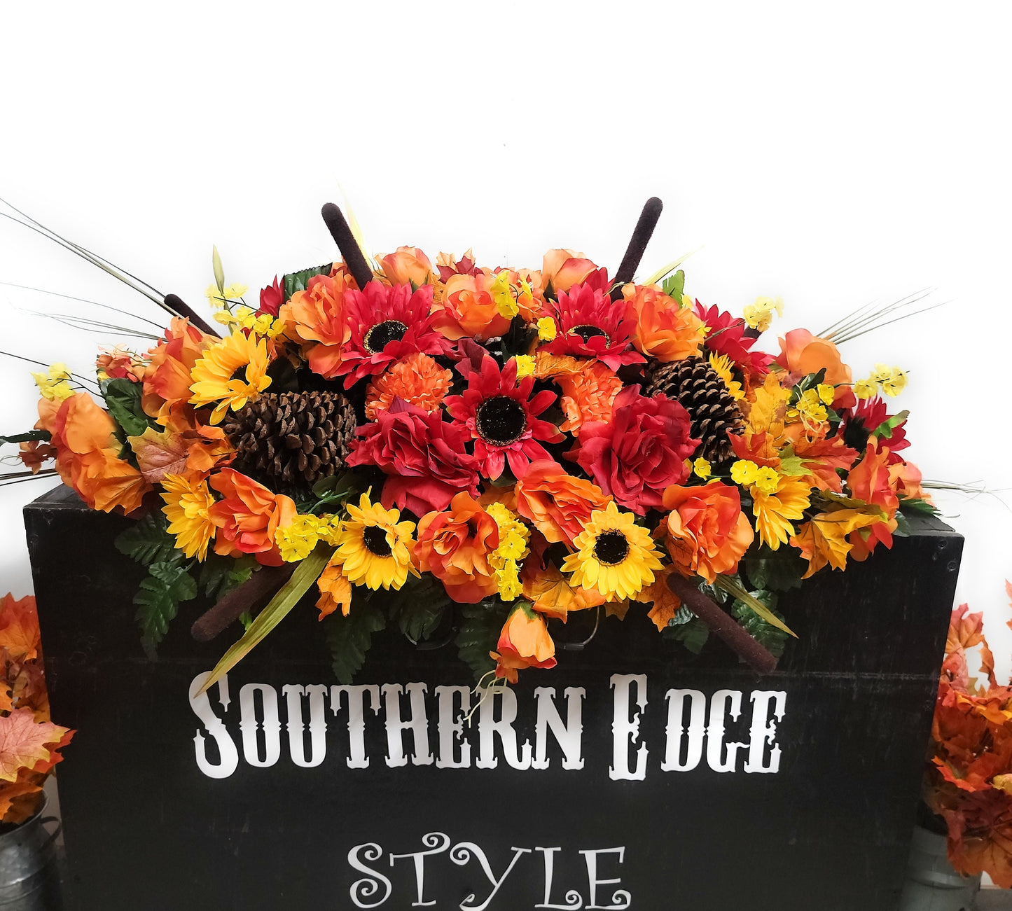 Fall Large Saddle ( 36 inches long) •pinecones , Sunflowers , roses pumpkin,