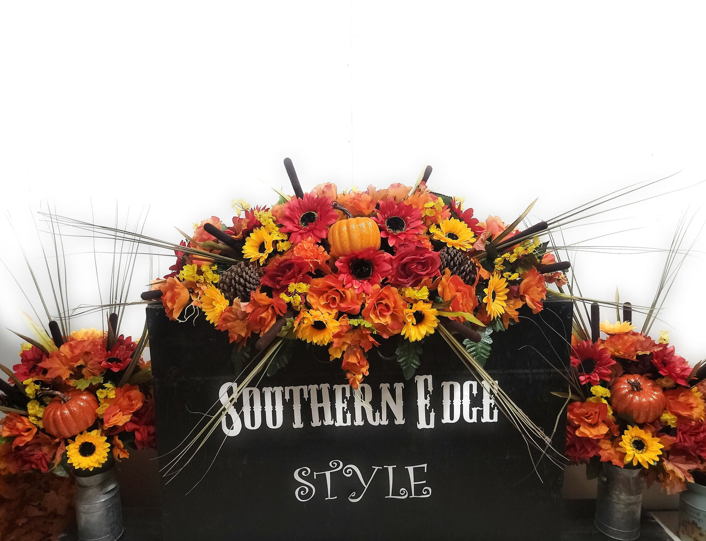 3 Piece Set • Premium Headstone Decor Set •Large Saddle ( 36 inches long) with 2 Side Vase Arrangements •pinecones , Sunflowers
