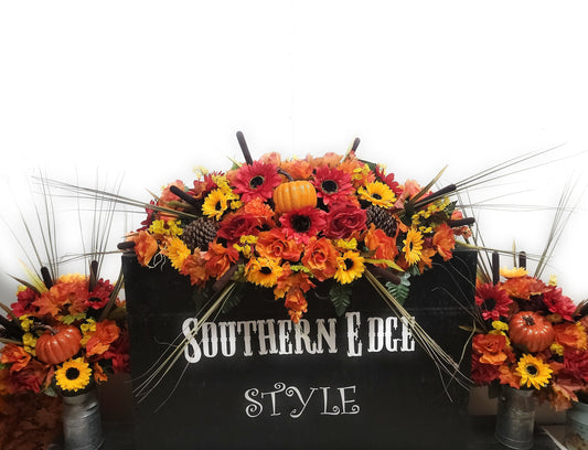 3 Piece Set • Premium Headstone Decor Set •Large Saddle ( 36 inches long) with 2 Side Vase Arrangements •pinecones , Sunflowers