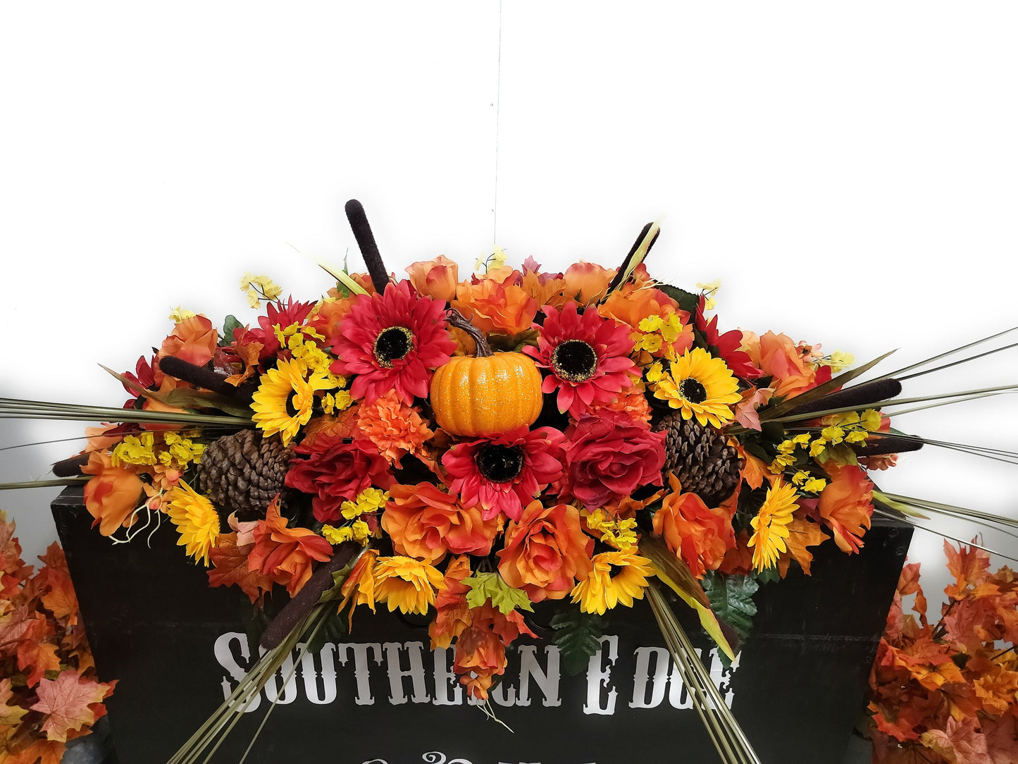 3 Piece Set • Premium Headstone Decor Set •Large Saddle ( 36 inches long) with 2 Side Vase Arrangements •pinecones , Sunflowers