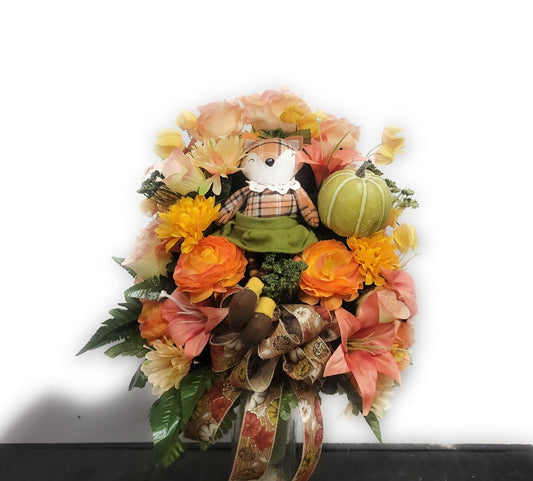 Autumn Cemetery Flowers for 3 inch wide Vase, Girl Fox Rustc Fall Decor  Pumpkin ribbon Rustic Farmhouse Decor