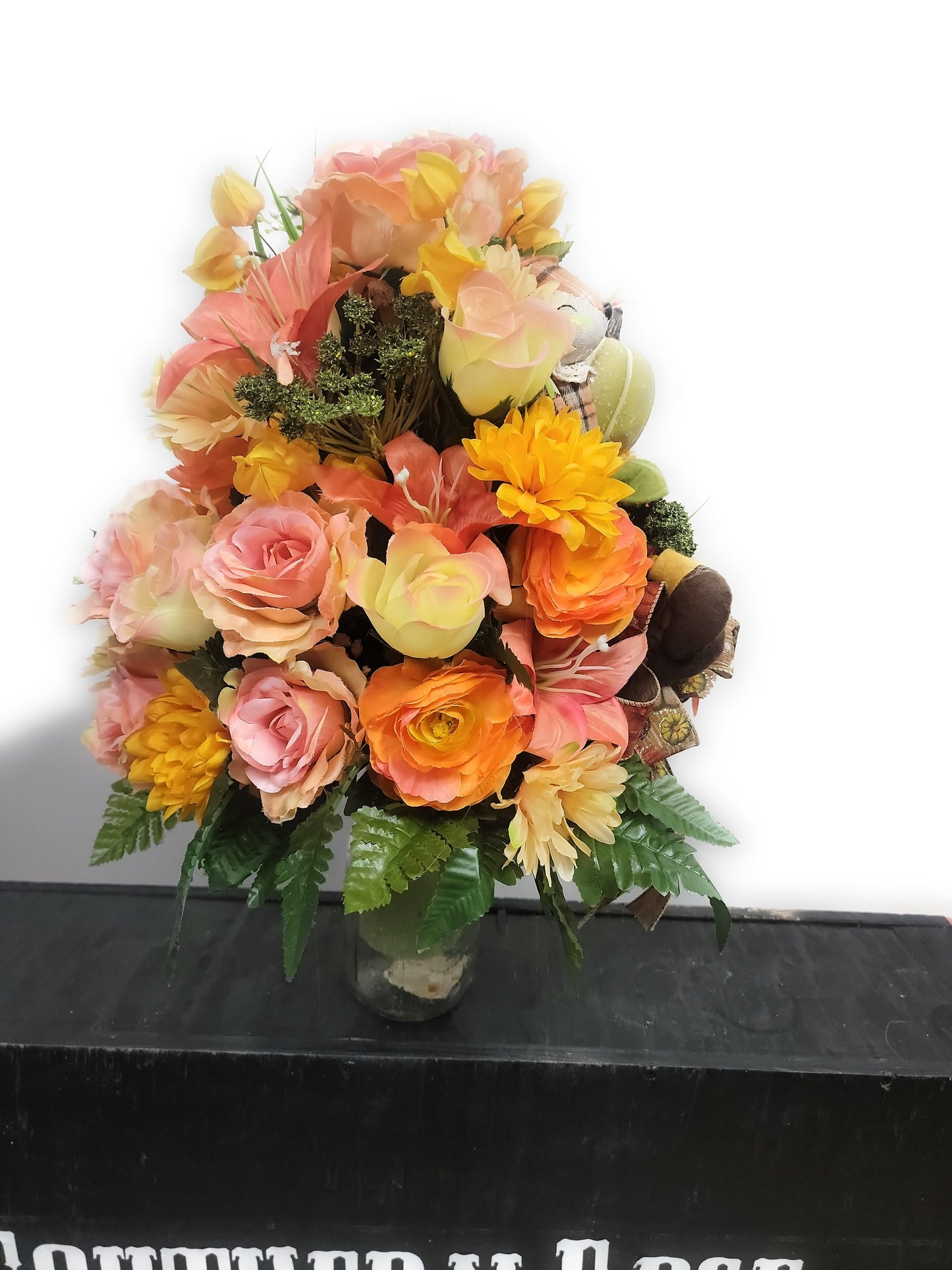 Autumn Cemetery Flowers for 3 inch wide Vase, Girl Fox Rustc Fall Decor  Pumpkin ribbon Rustic Farmhouse Decor