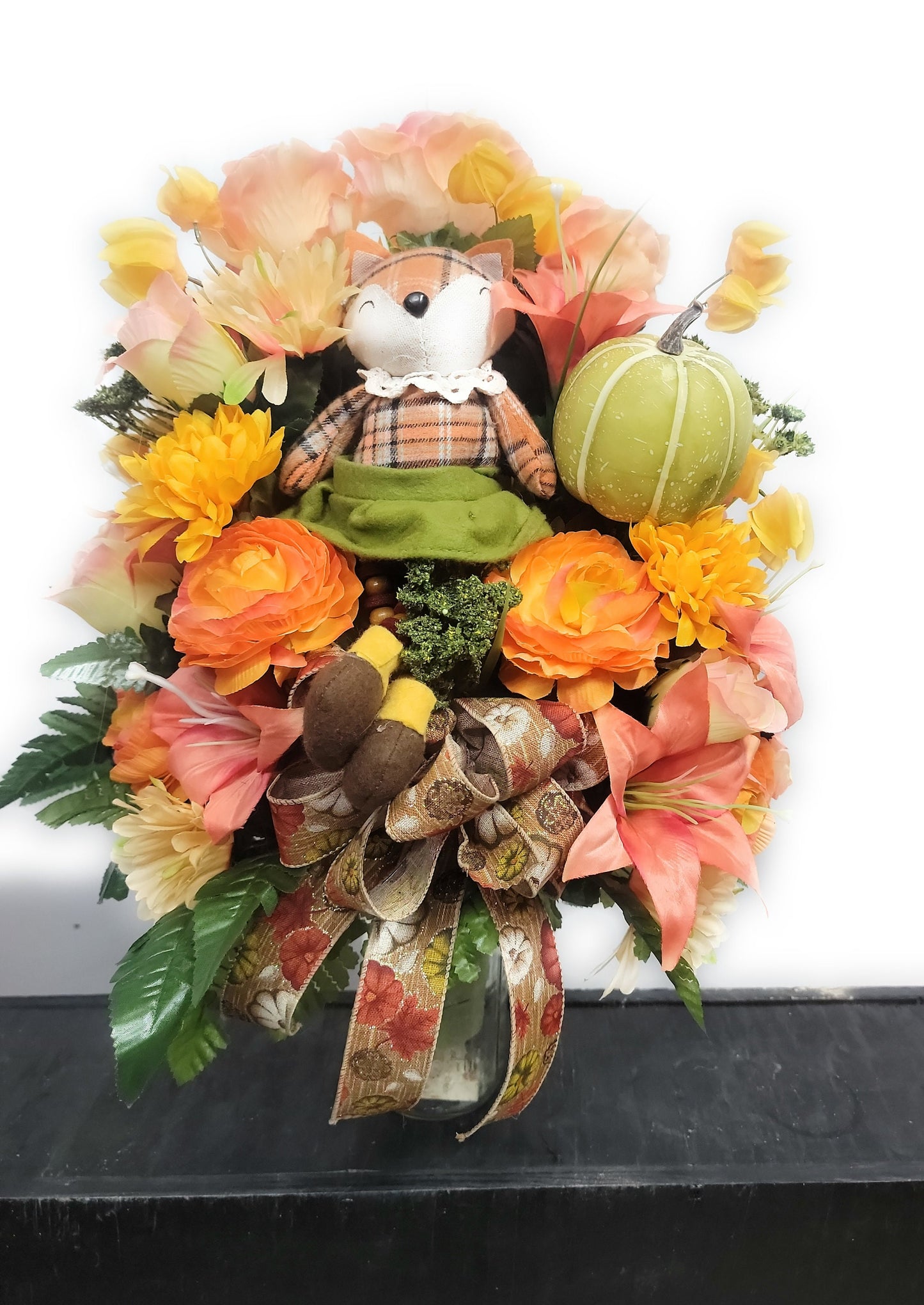 Autumn Cemetery Flowers for 3 inch wide Vase, Girl Fox Rustc Fall Decor  Pumpkin ribbon Rustic Farmhouse Decor