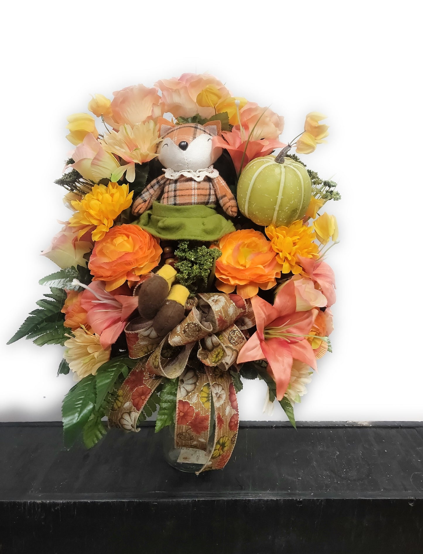 Autumn Cemetery Flowers for 3 inch wide Vase, Girl Fox Rustc Fall Decor  Pumpkin ribbon Rustic Farmhouse Decor