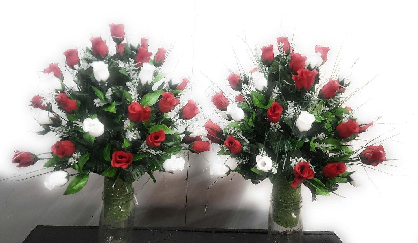 3 Piece Matching Set for Large Headstone Red White roses Cemetery Flowers Large Saddle Matching vases Father Day Mother Day Funeral flowers